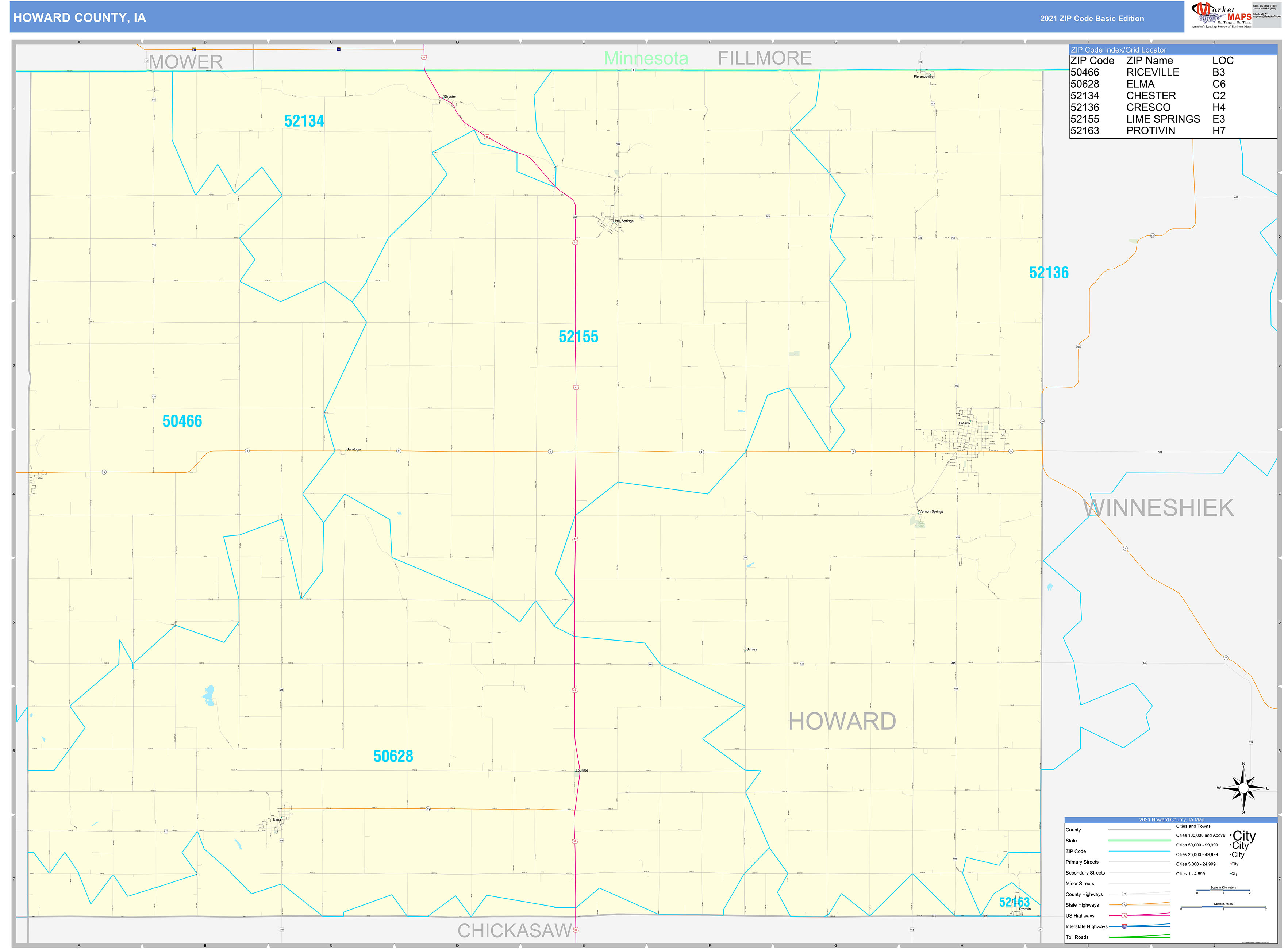Howard County, IA Zip Code Wall Map Basic Style by MarketMAPS