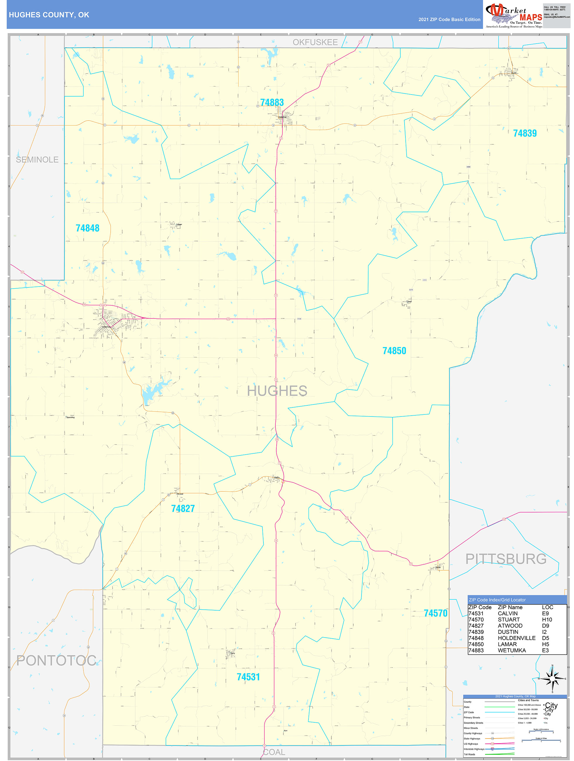 Hughes County, OK Zip Code Wall Map Basic Style by MarketMAPS MapSales