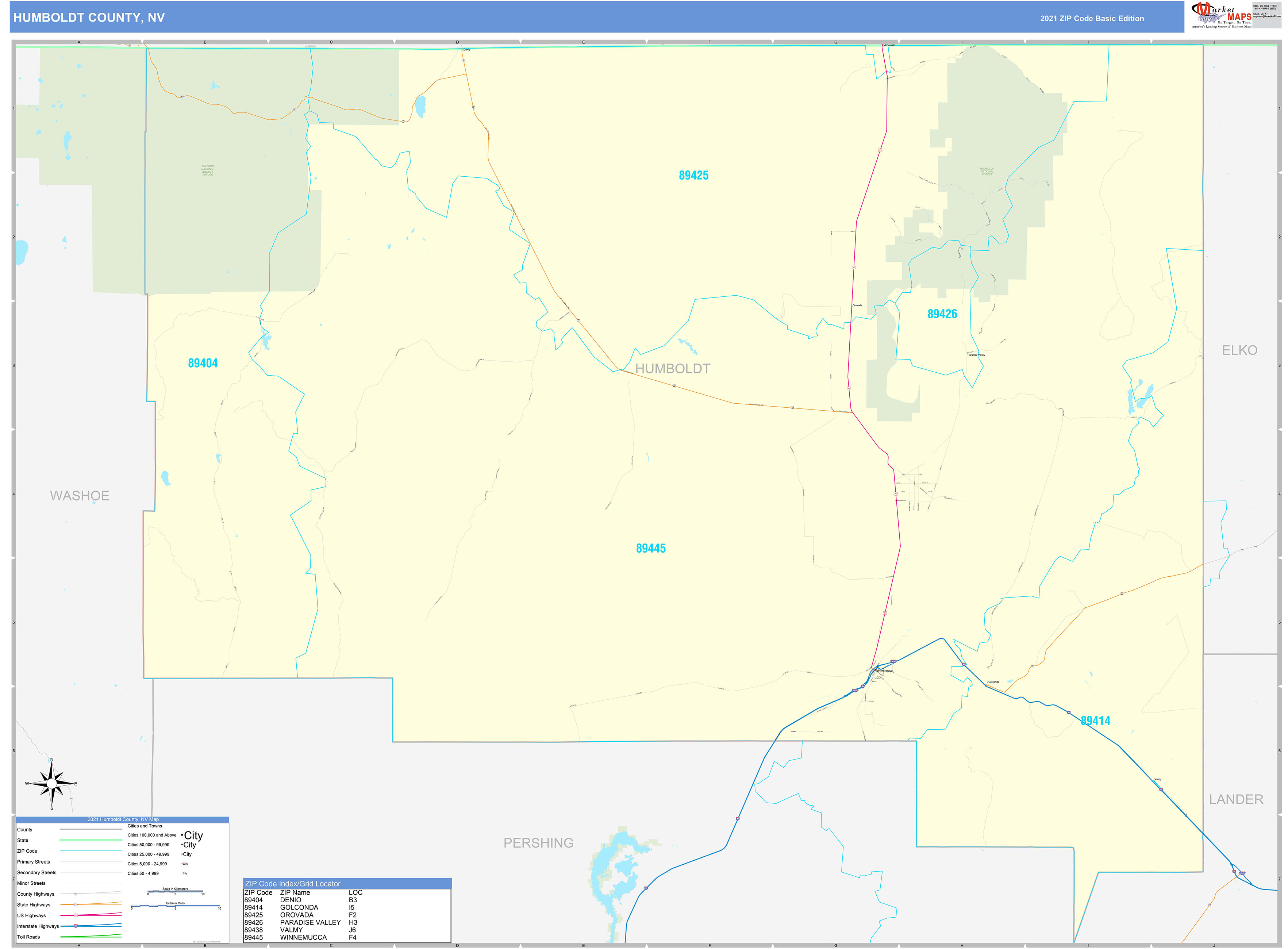 Humboldt County, NV Zip Code Wall Map Basic Style by MarketMAPS MapSales