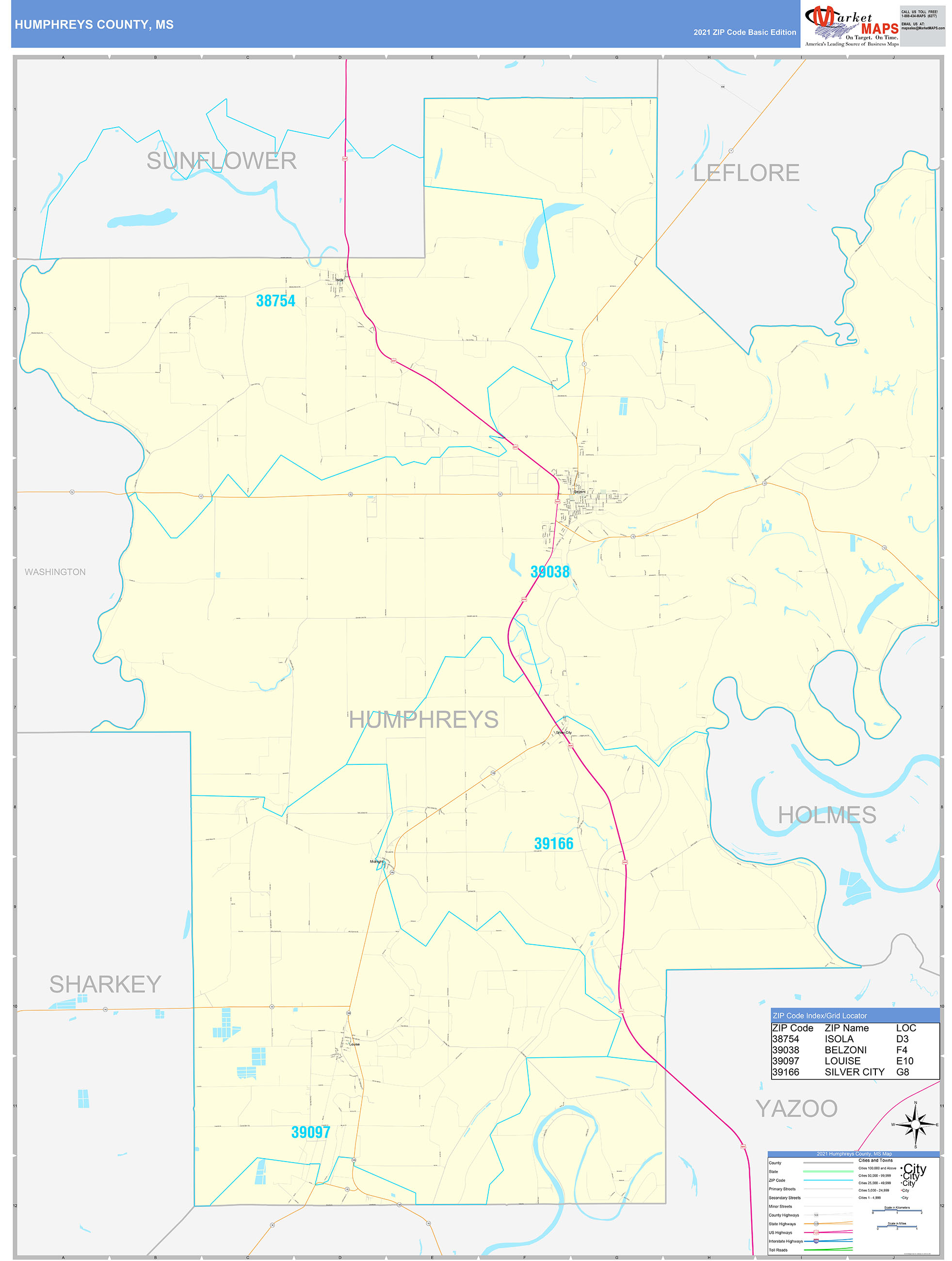 Humphreys County, MS Zip Code Wall Map Basic Style by MarketMAPS MapSales