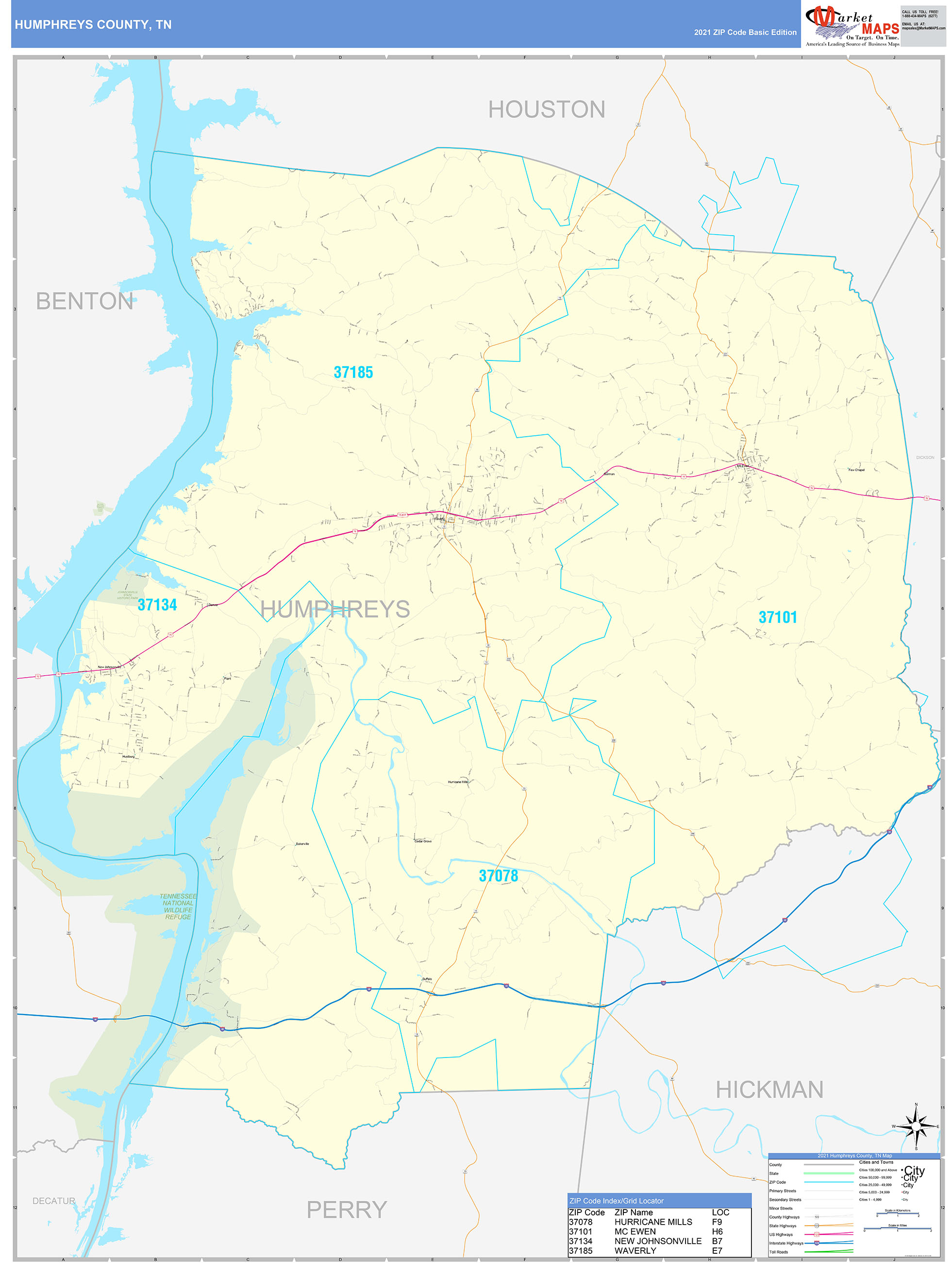Humphreys County, TN Zip Code Wall Map Basic Style by MarketMAPS