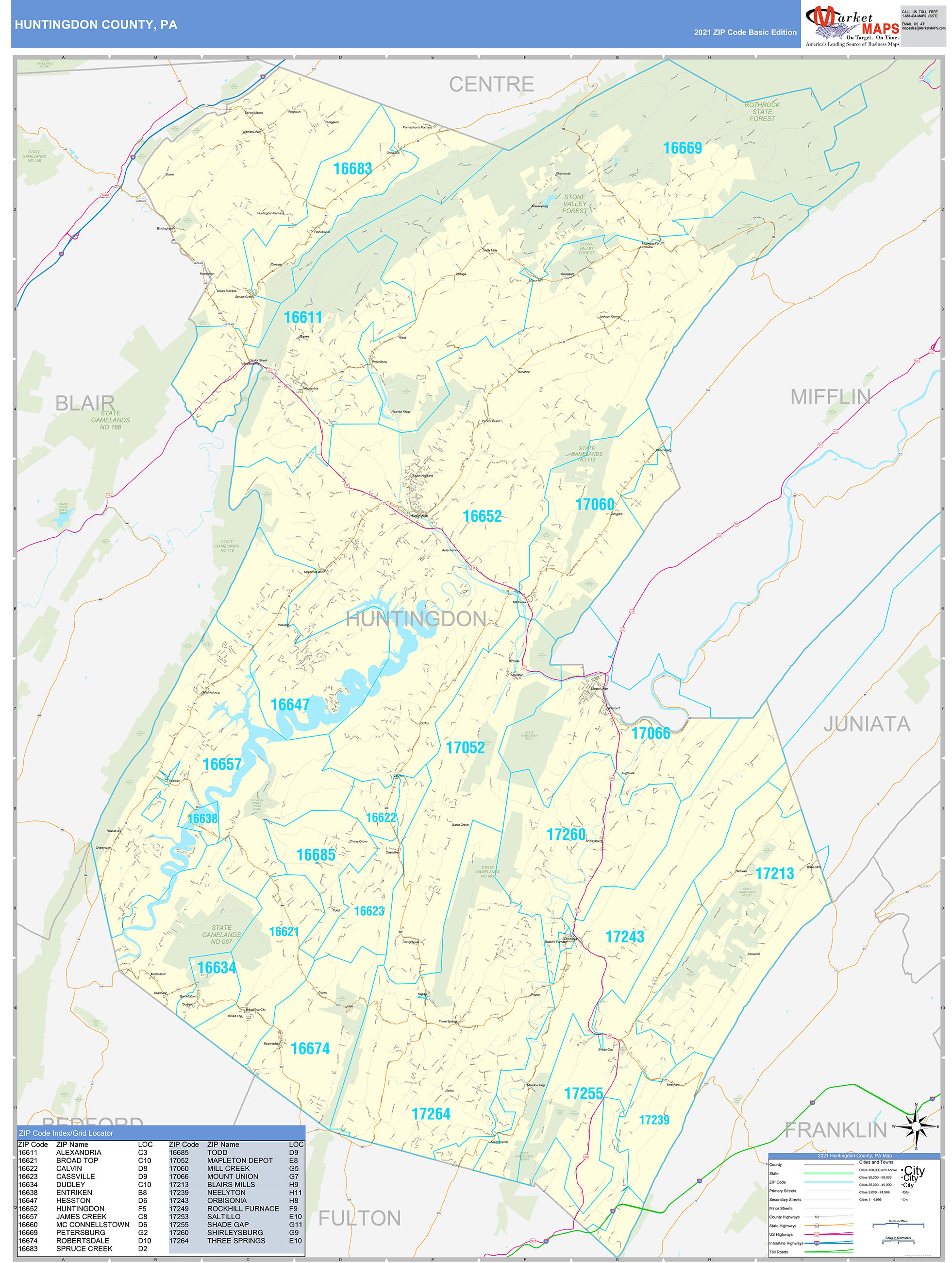Huntingdon County, PA Zip Code Wall Map Basic Style by MarketMAPS