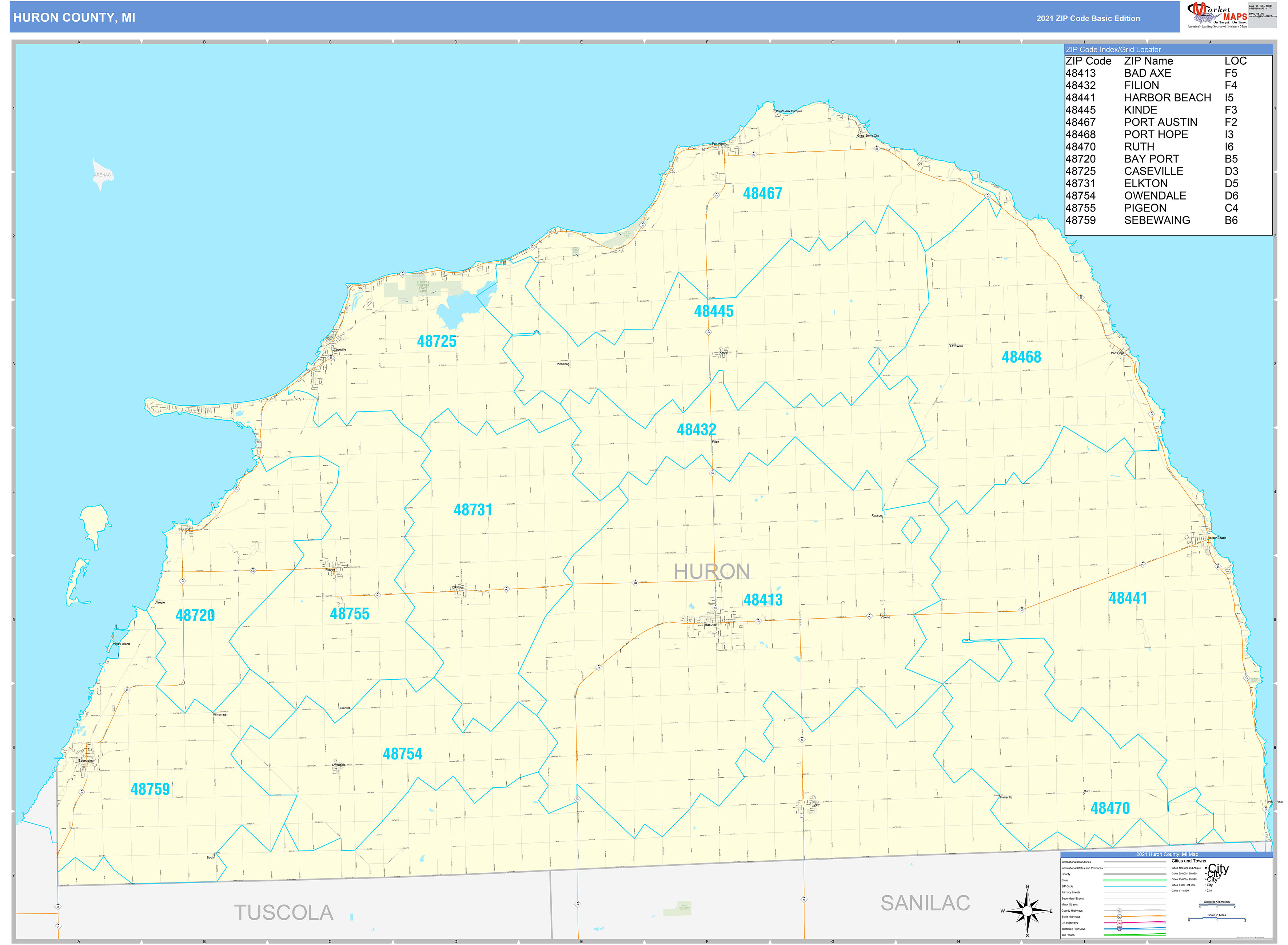 Huron County, MI Zip Code Wall Map Basic Style by MarketMAPS
