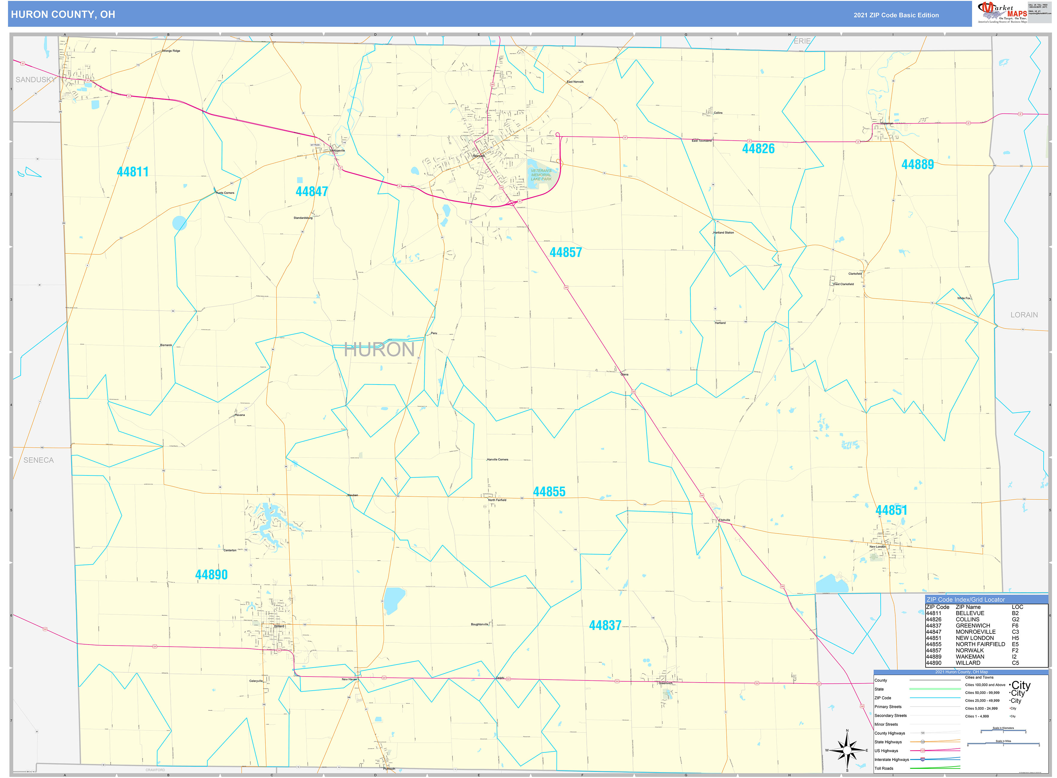 Huron County, OH Zip Code Wall Map Basic Style by MarketMAPS MapSales