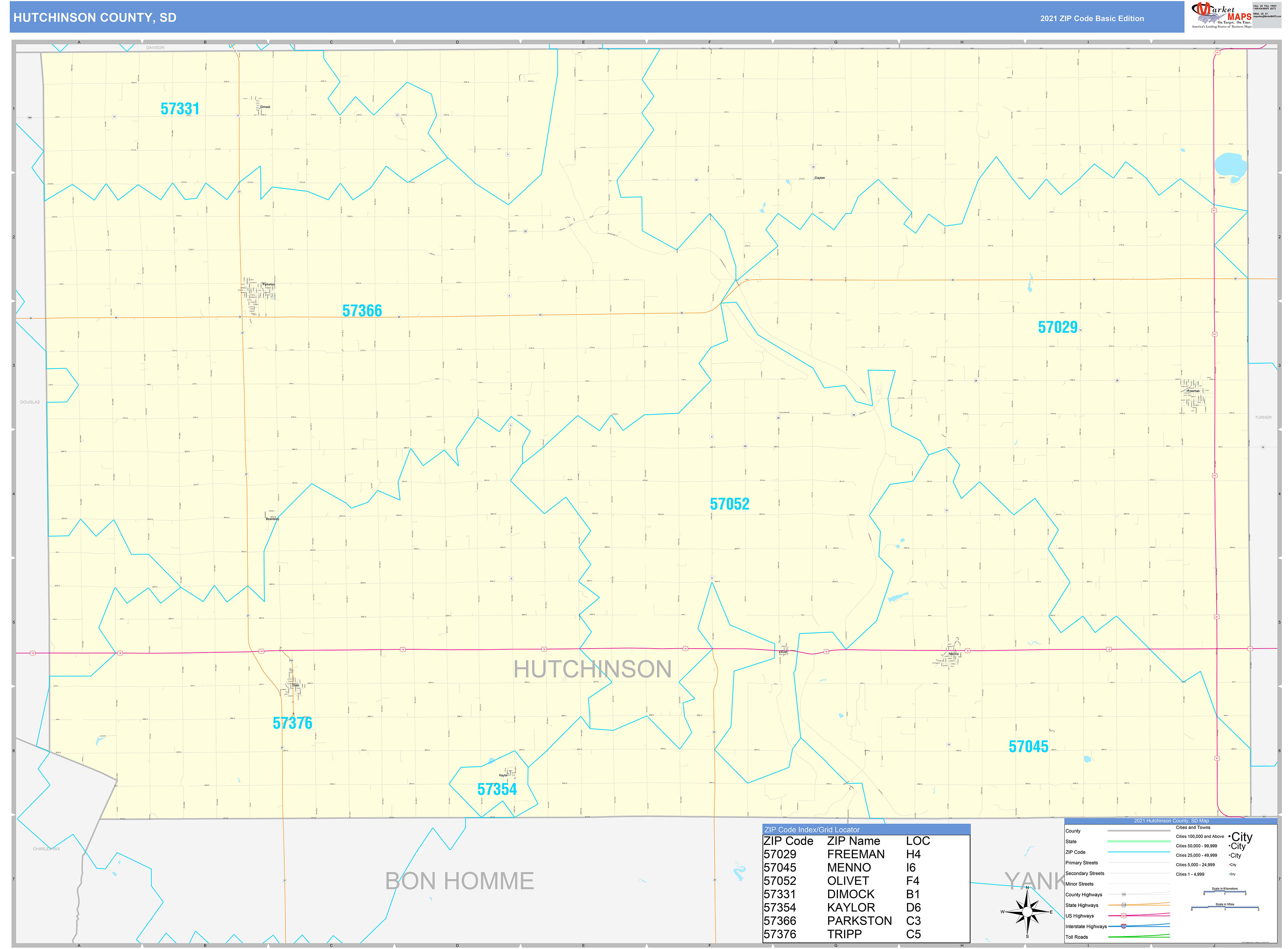 Hutchinson County, SD Zip Code Wall Map Basic Style by MarketMAPS