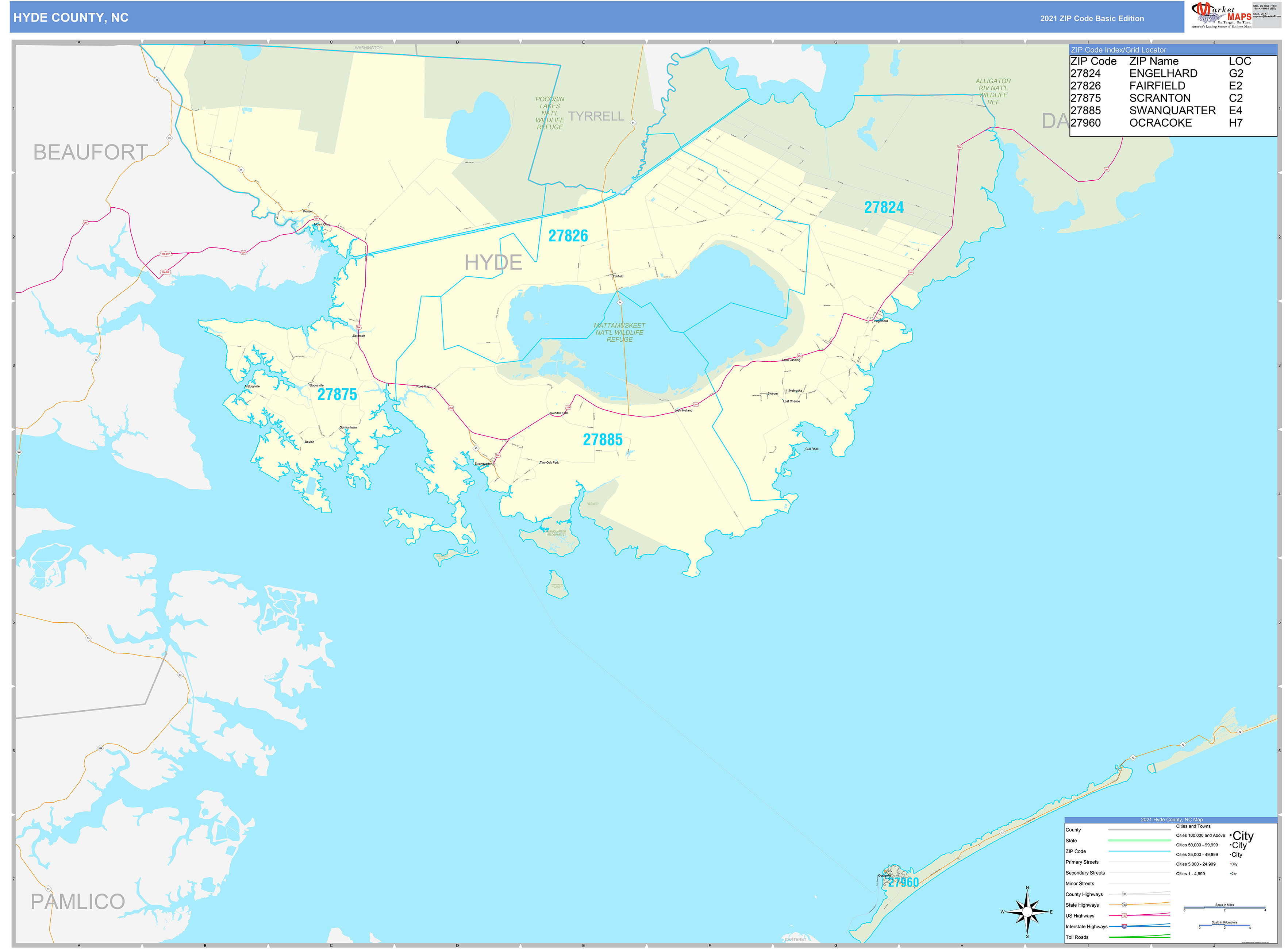 Hyde County, NC Zip Code Wall Map Basic Style by MarketMAPS MapSales