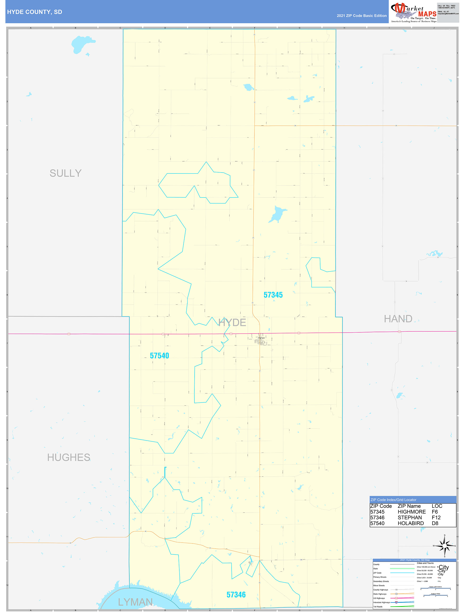 Hyde County, SD Zip Code Wall Map Basic Style by MarketMAPS