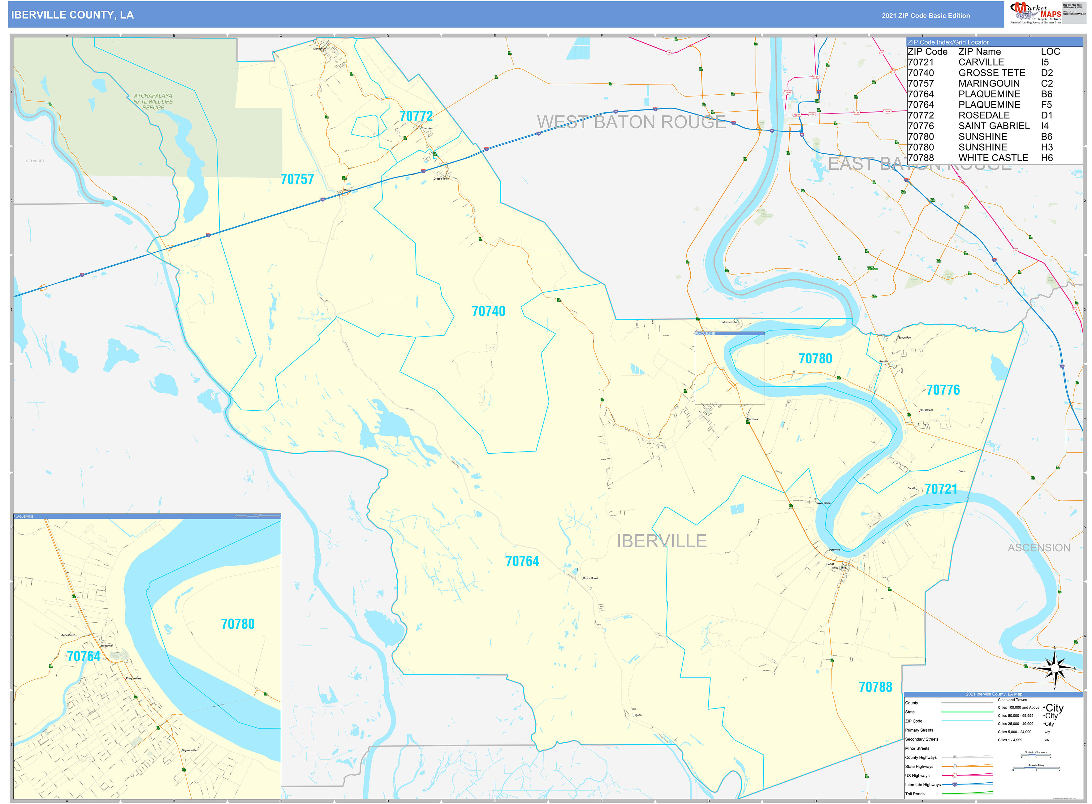 Iberville County, LA Zip Code Wall Map Basic Style by MarketMAPS