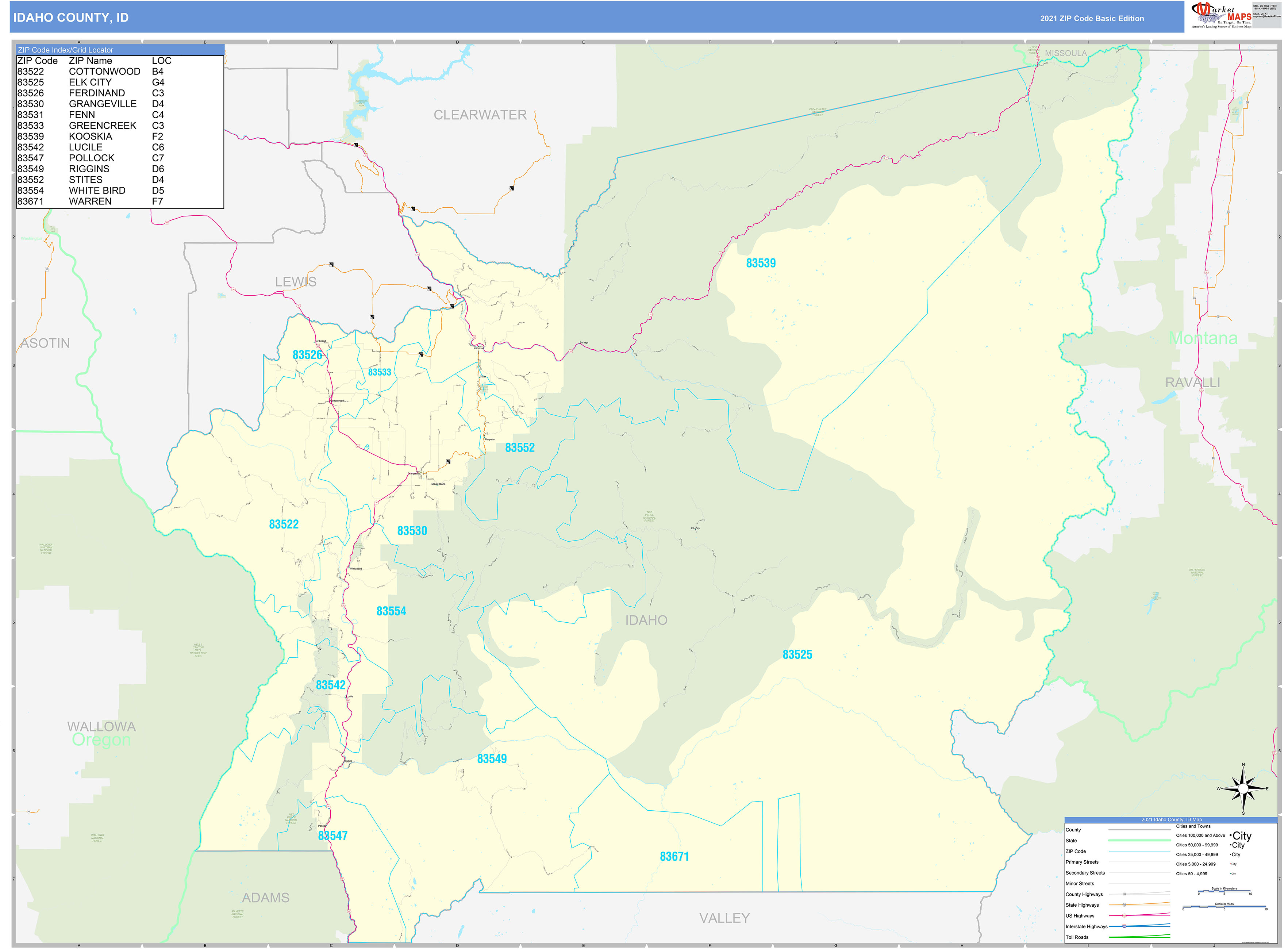 Idaho County, ID Zip Code Wall Map Basic Style by MarketMAPS MapSales