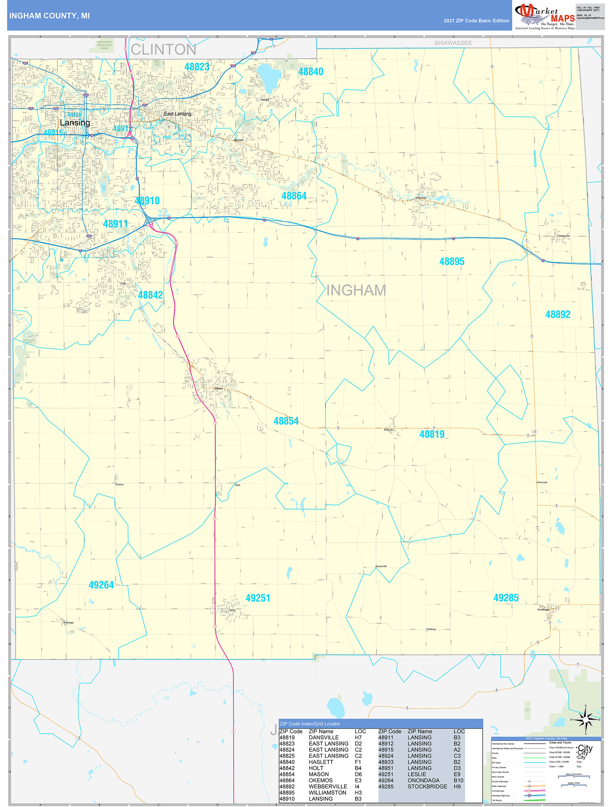 Ingham County, MI Zip Code Wall Map Basic Style by MarketMAPS