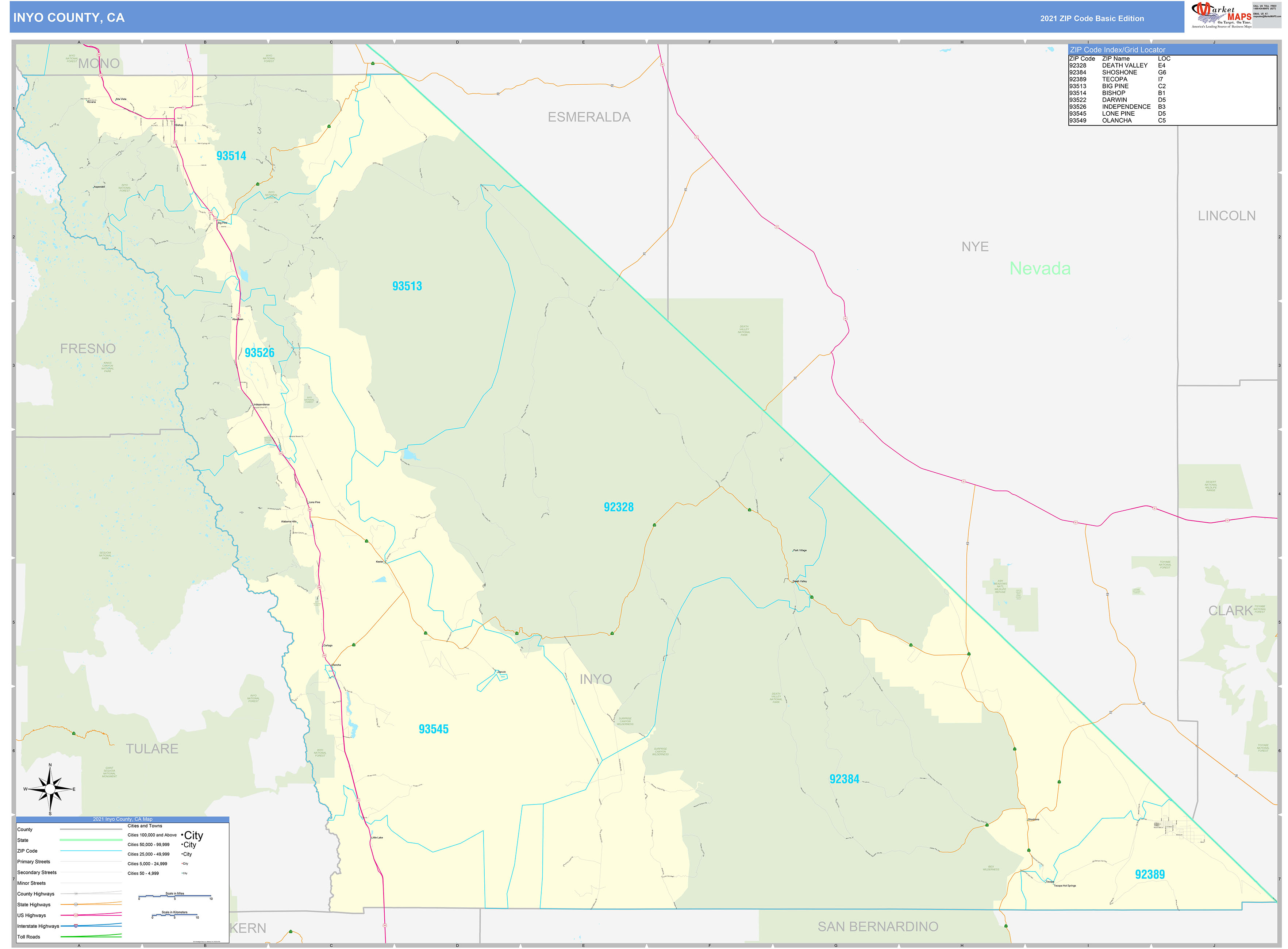 Inyo County, CA Zip Code Wall Map Basic Style by MarketMAPS MapSales