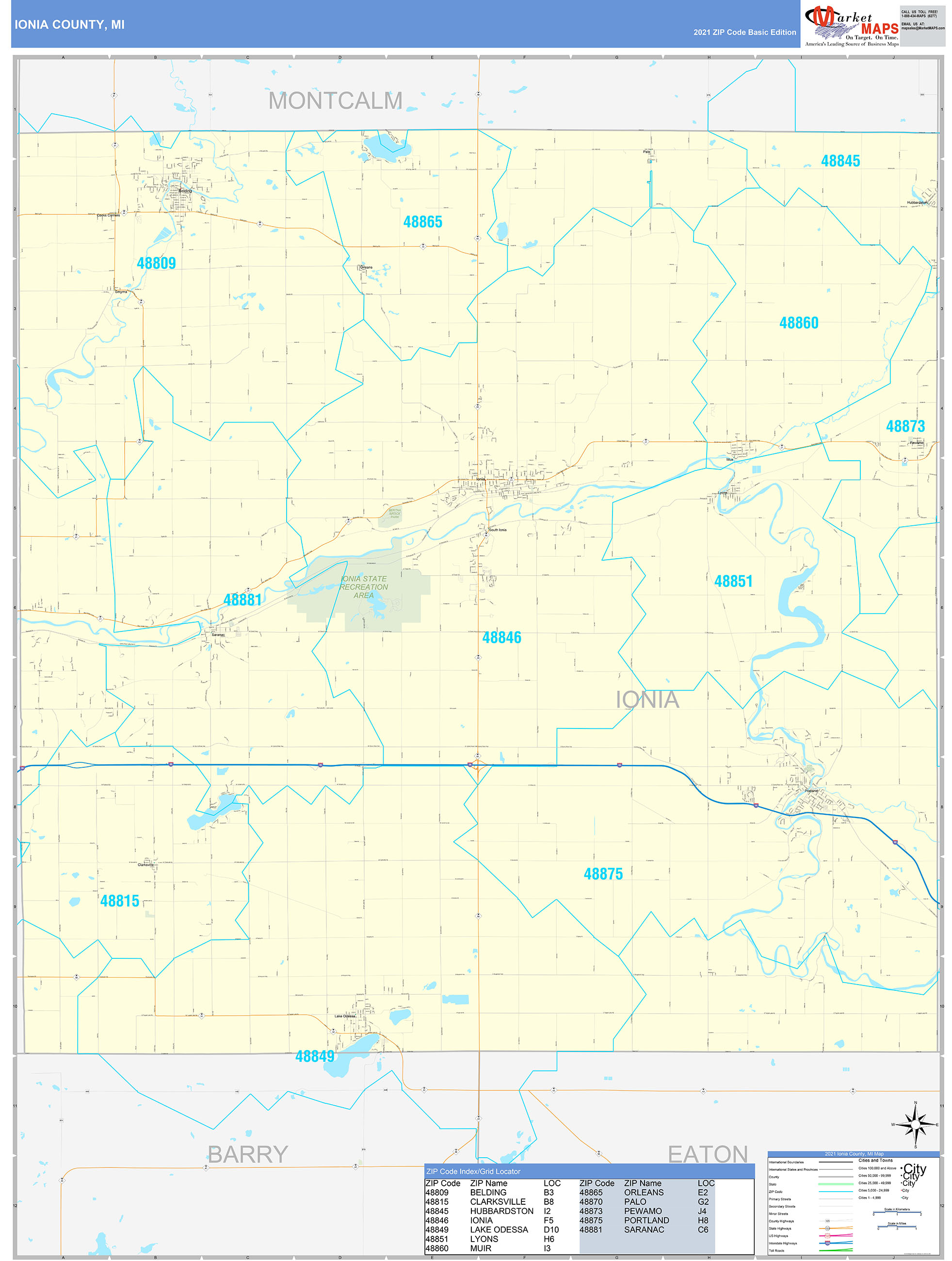 Ionia County, MI Zip Code Wall Map Basic Style by MarketMAPS MapSales
