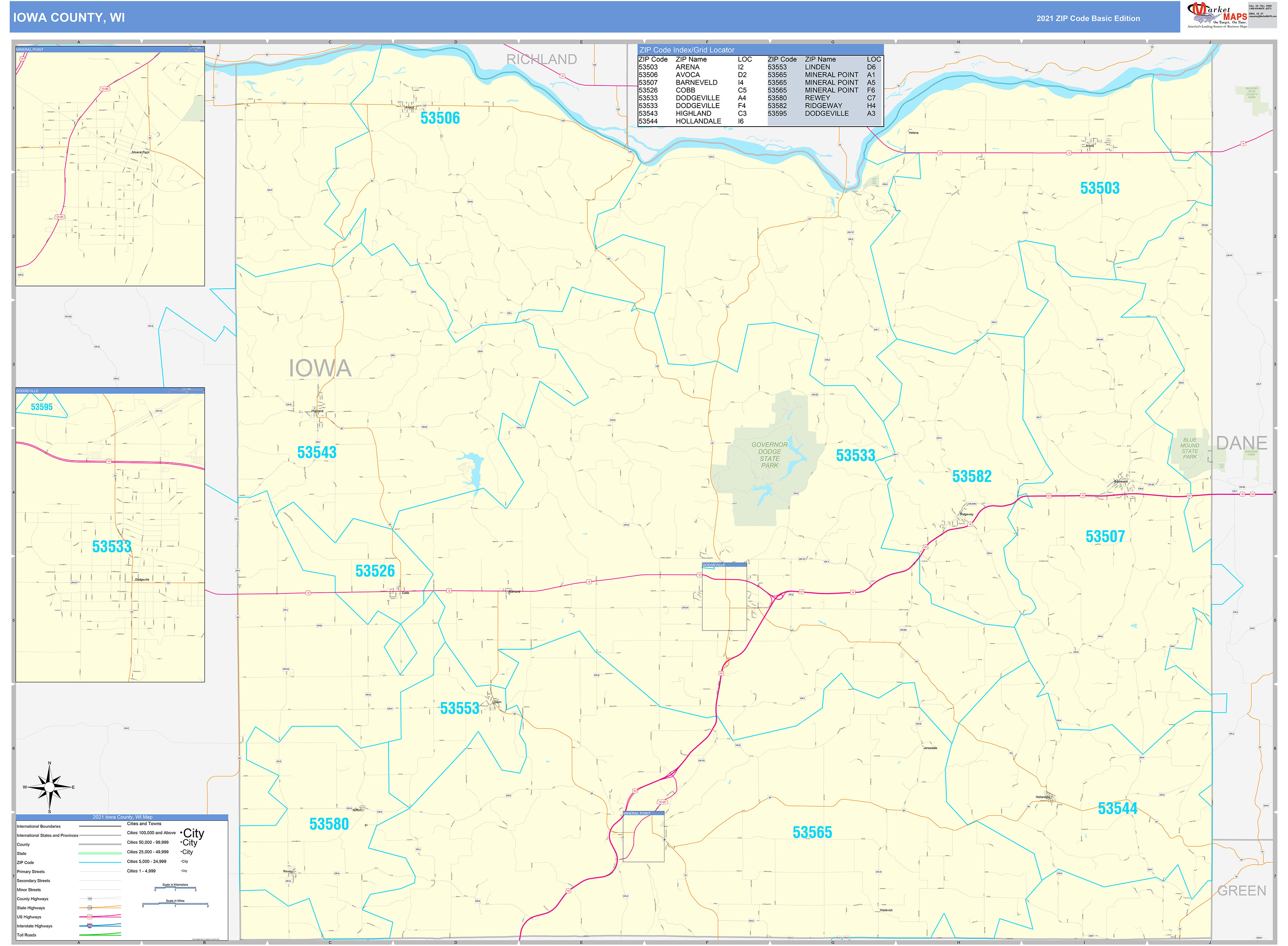 Iowa County, WI Zip Code Wall Map Basic Style by MarketMAPS MapSales