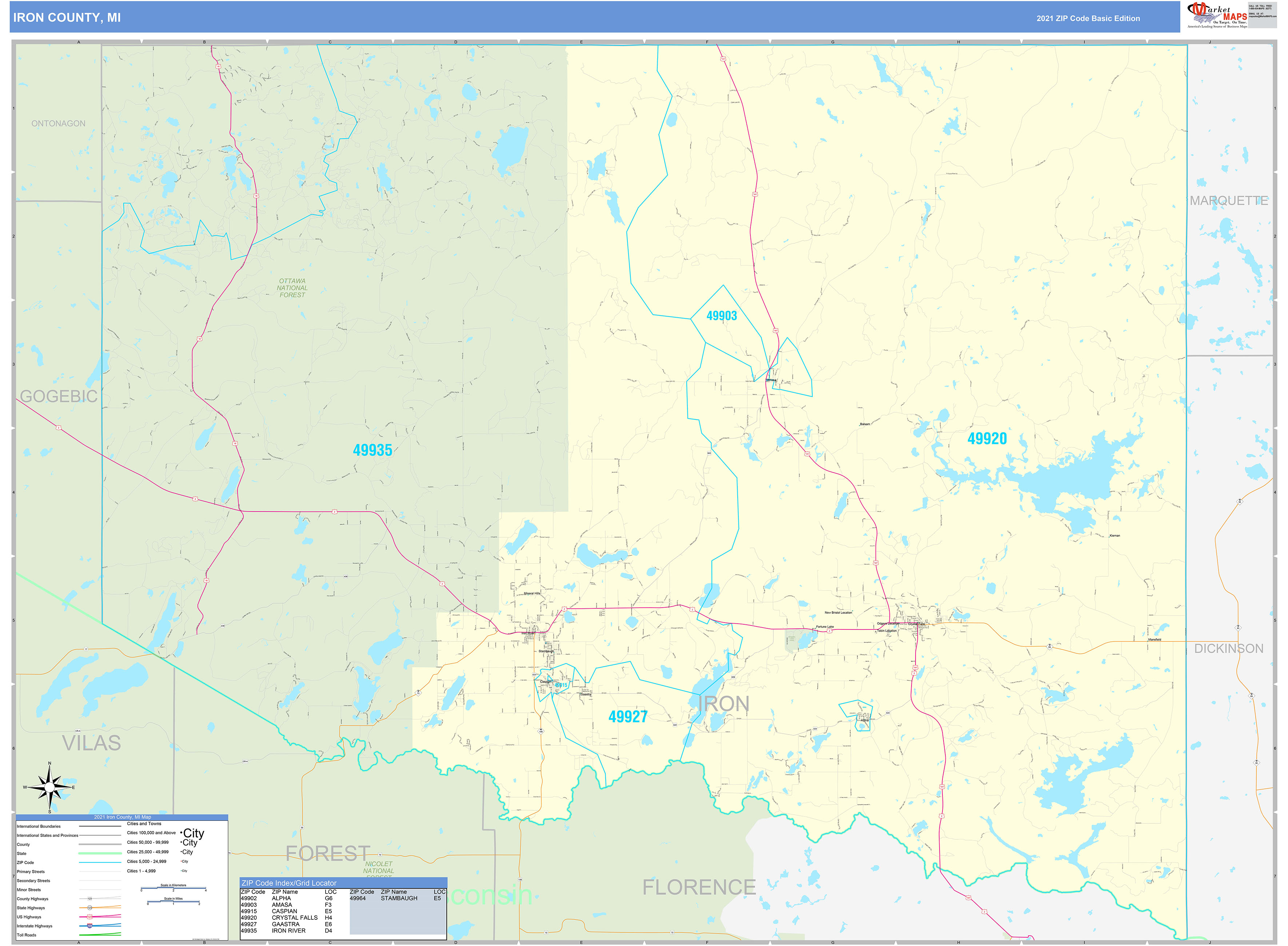 Iron County, MI Zip Code Wall Map Basic Style by MarketMAPS MapSales