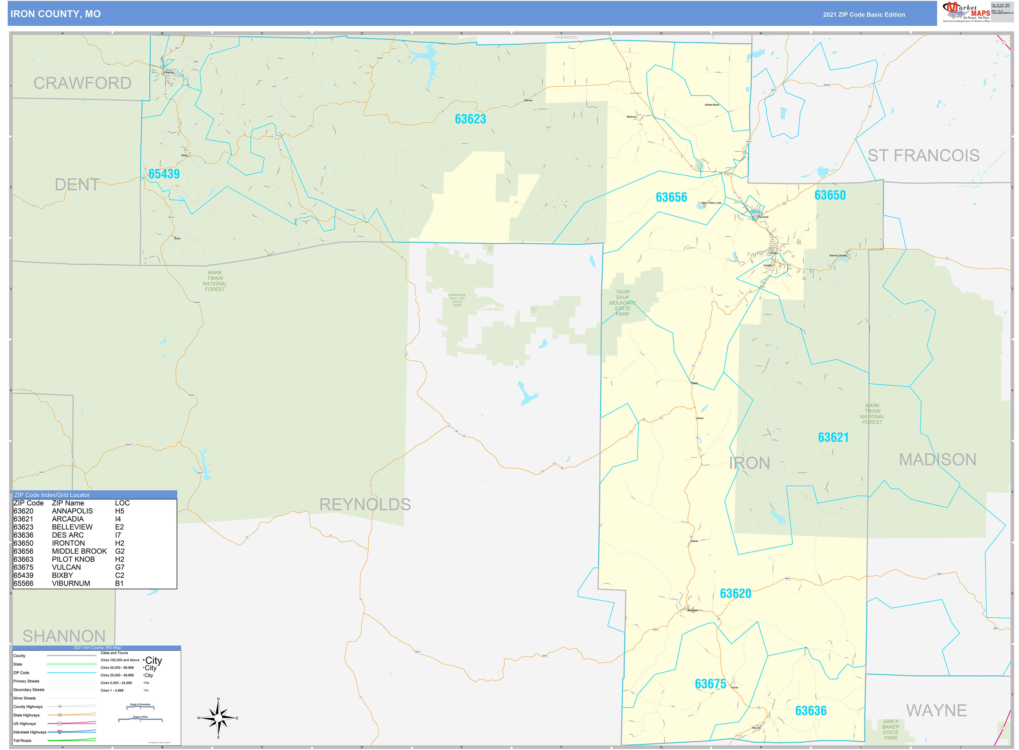 Iron County, MO Zip Code Wall Map Basic Style by MarketMAPS