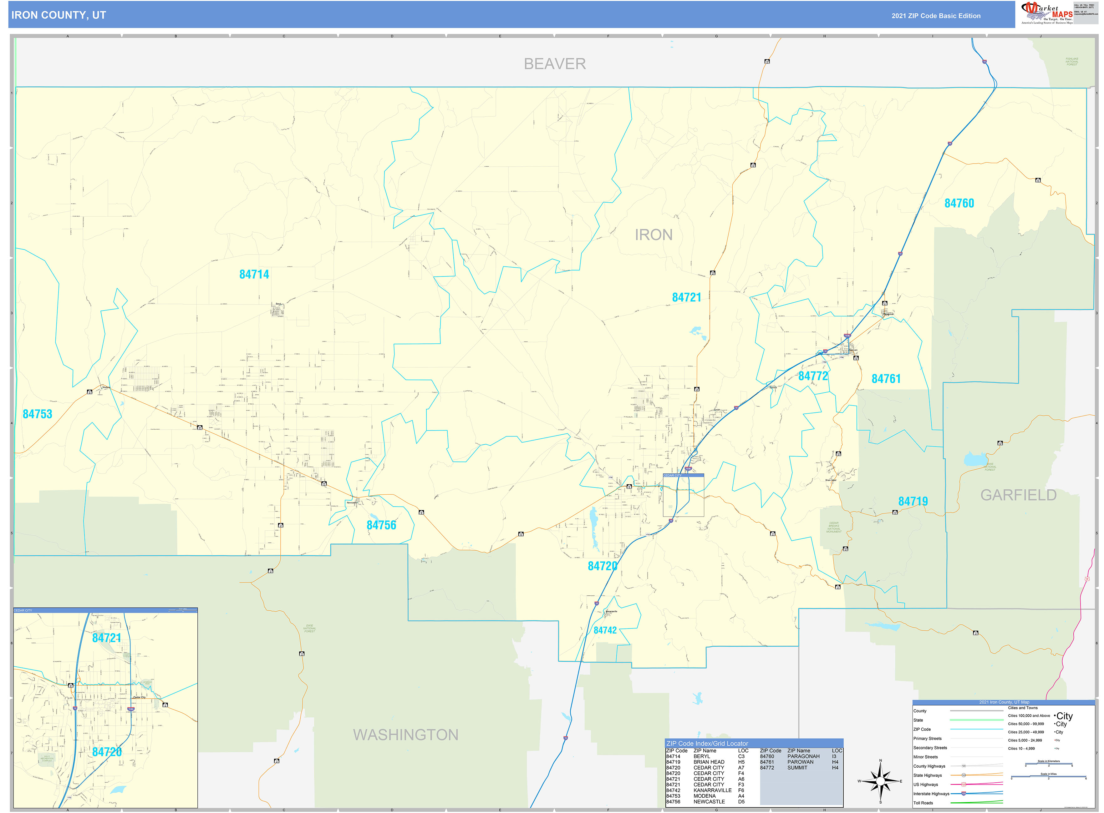 Iron County, UT Zip Code Wall Map Basic Style by MarketMAPS MapSales