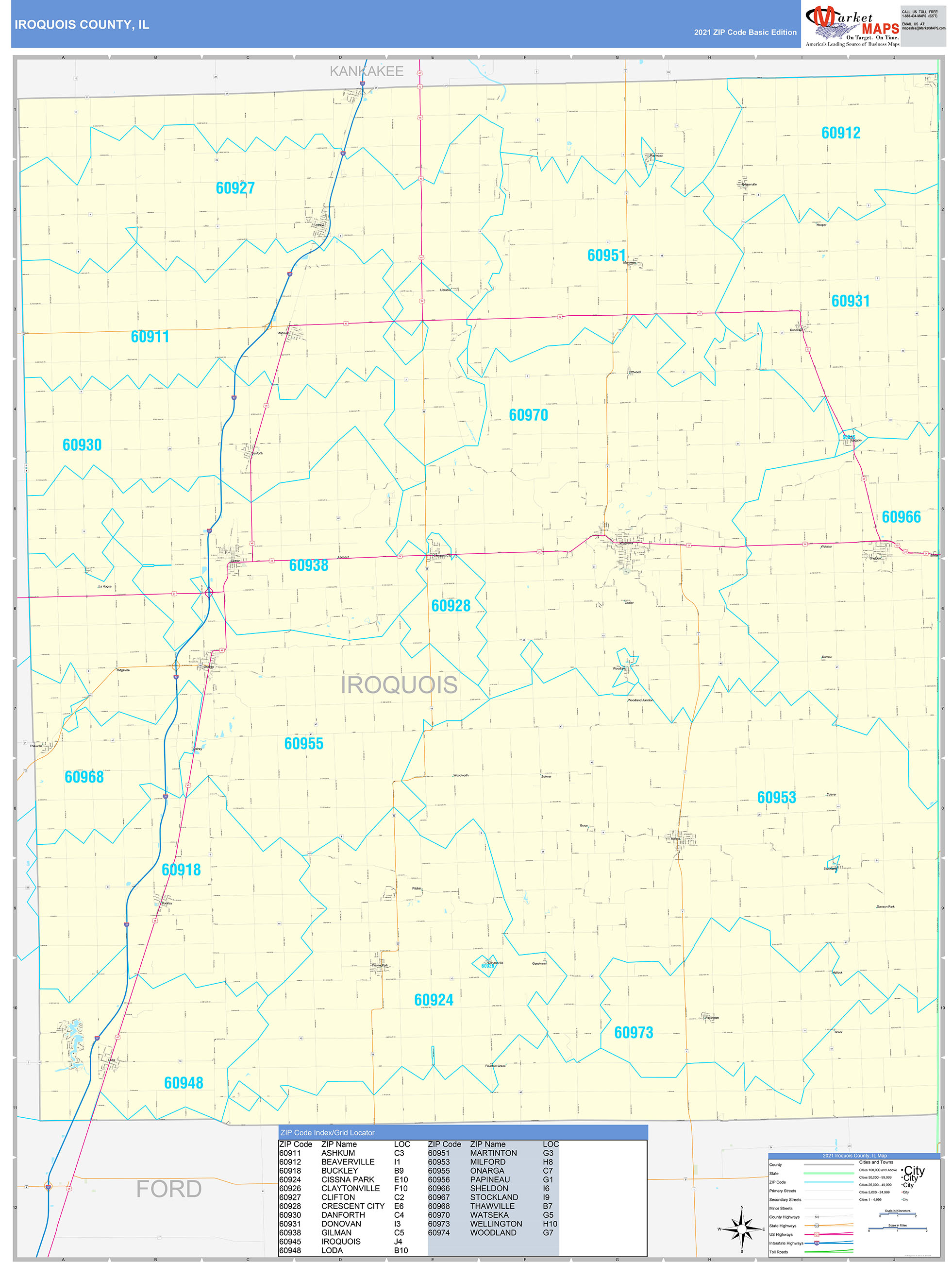 Iroquois County, IL Zip Code Wall Map Basic Style by MarketMAPS - MapSales