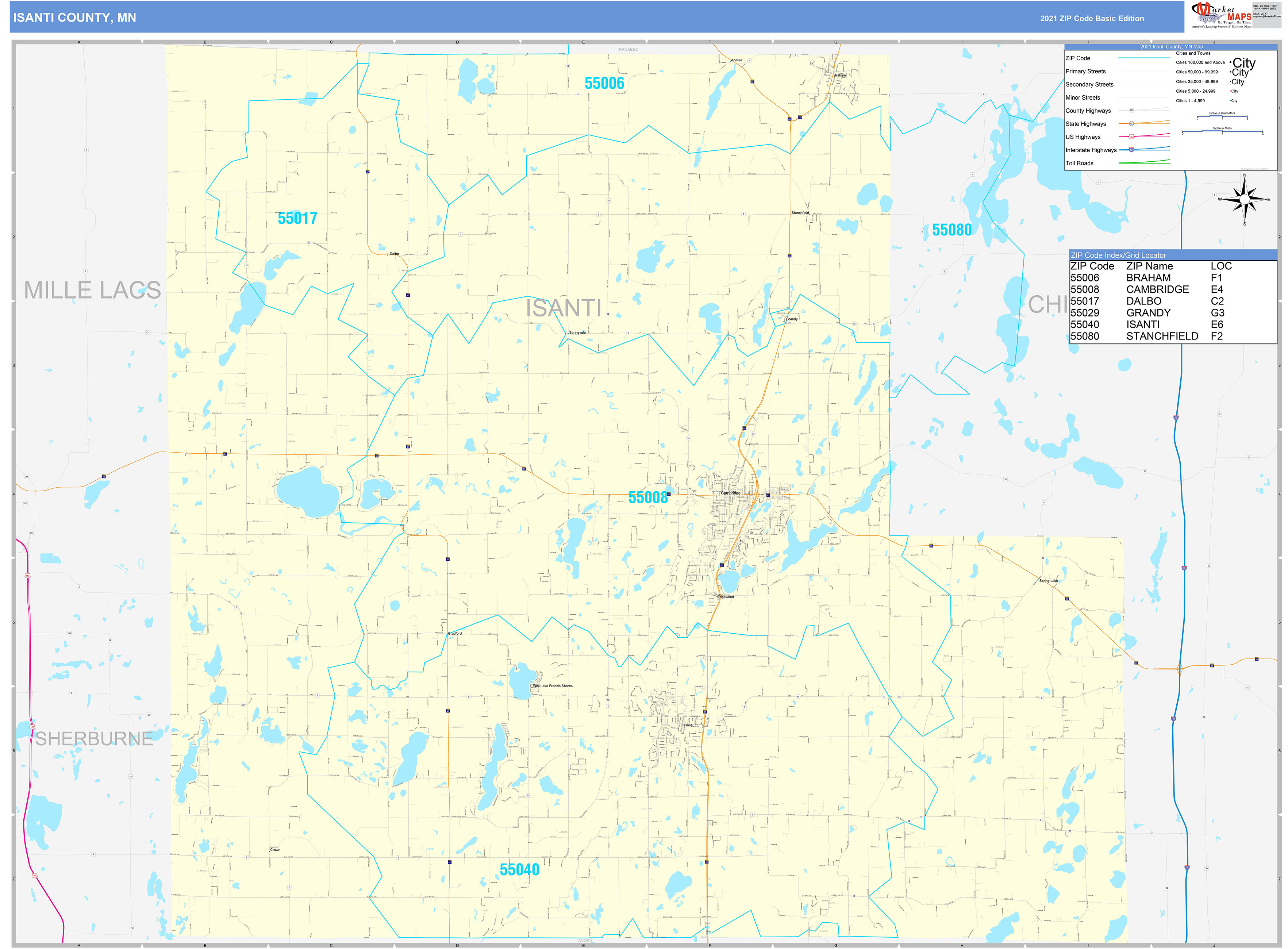 Isanti County, MN Zip Code Wall Map Basic Style by MarketMAPS MapSales