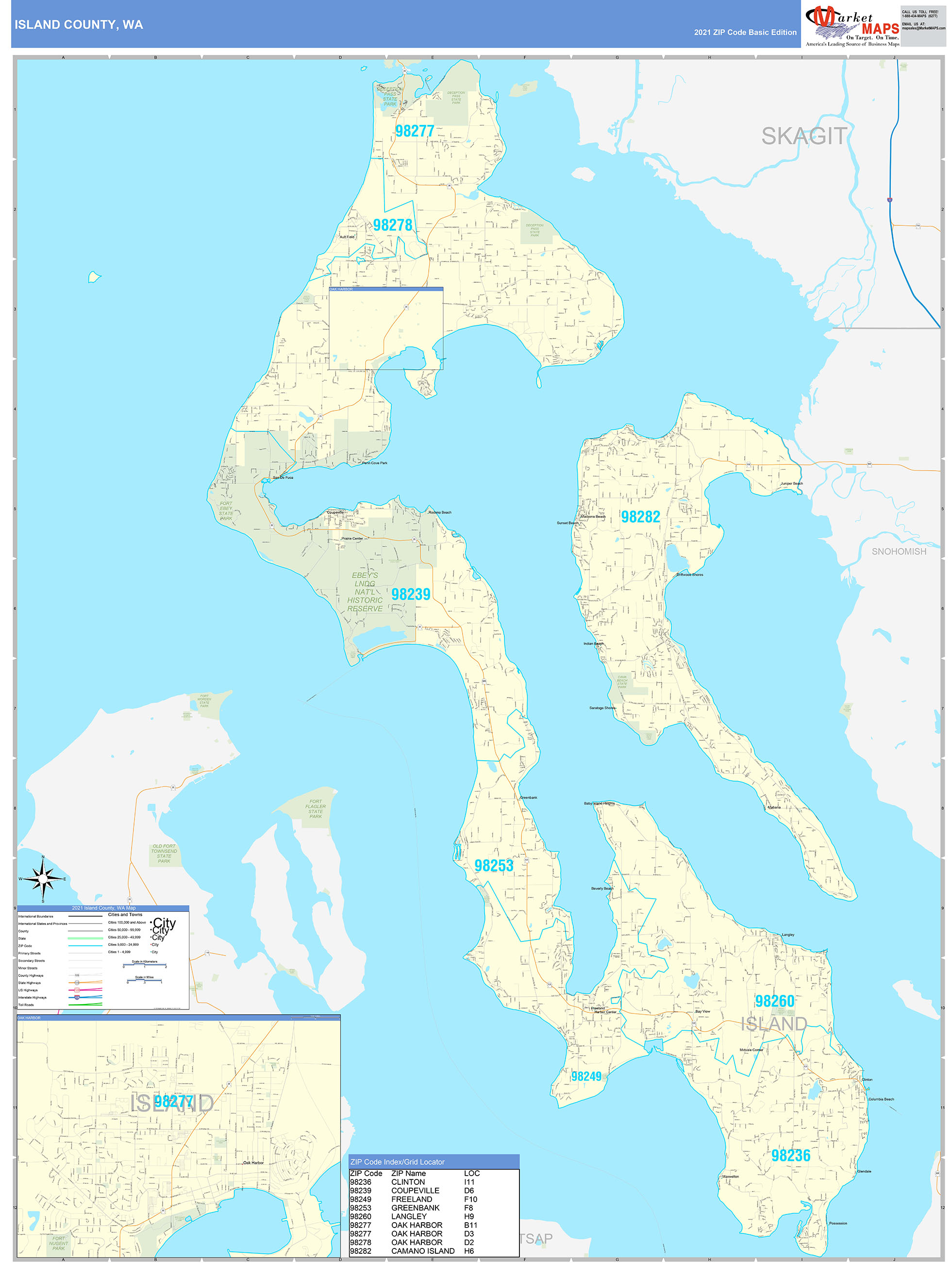 Island County, WA Zip Code Wall Map Basic Style by MarketMAPS MapSales