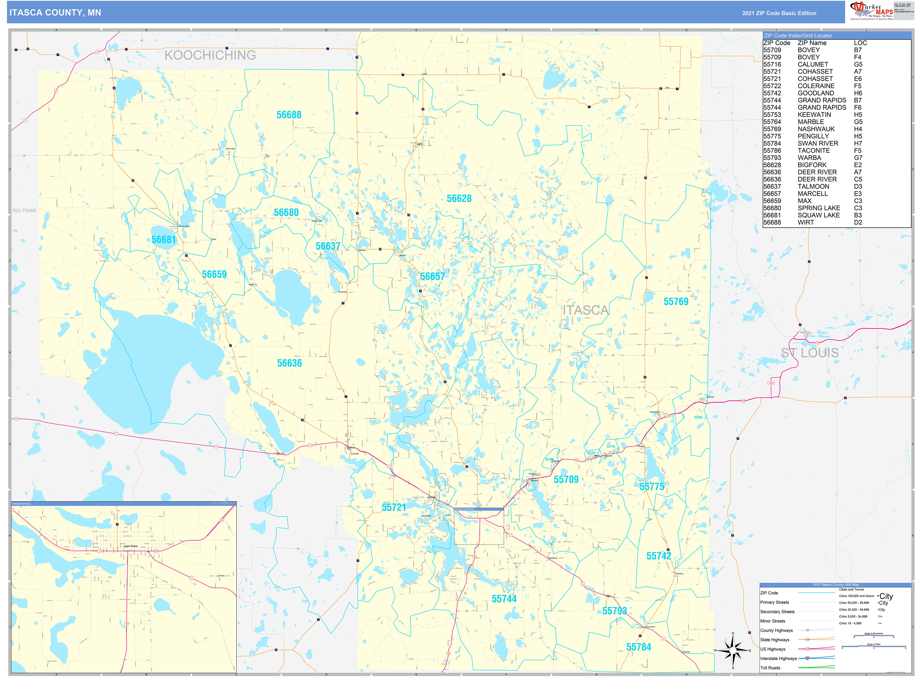 Itasca County, MN Zip Code Wall Map Basic Style by MarketMAPS