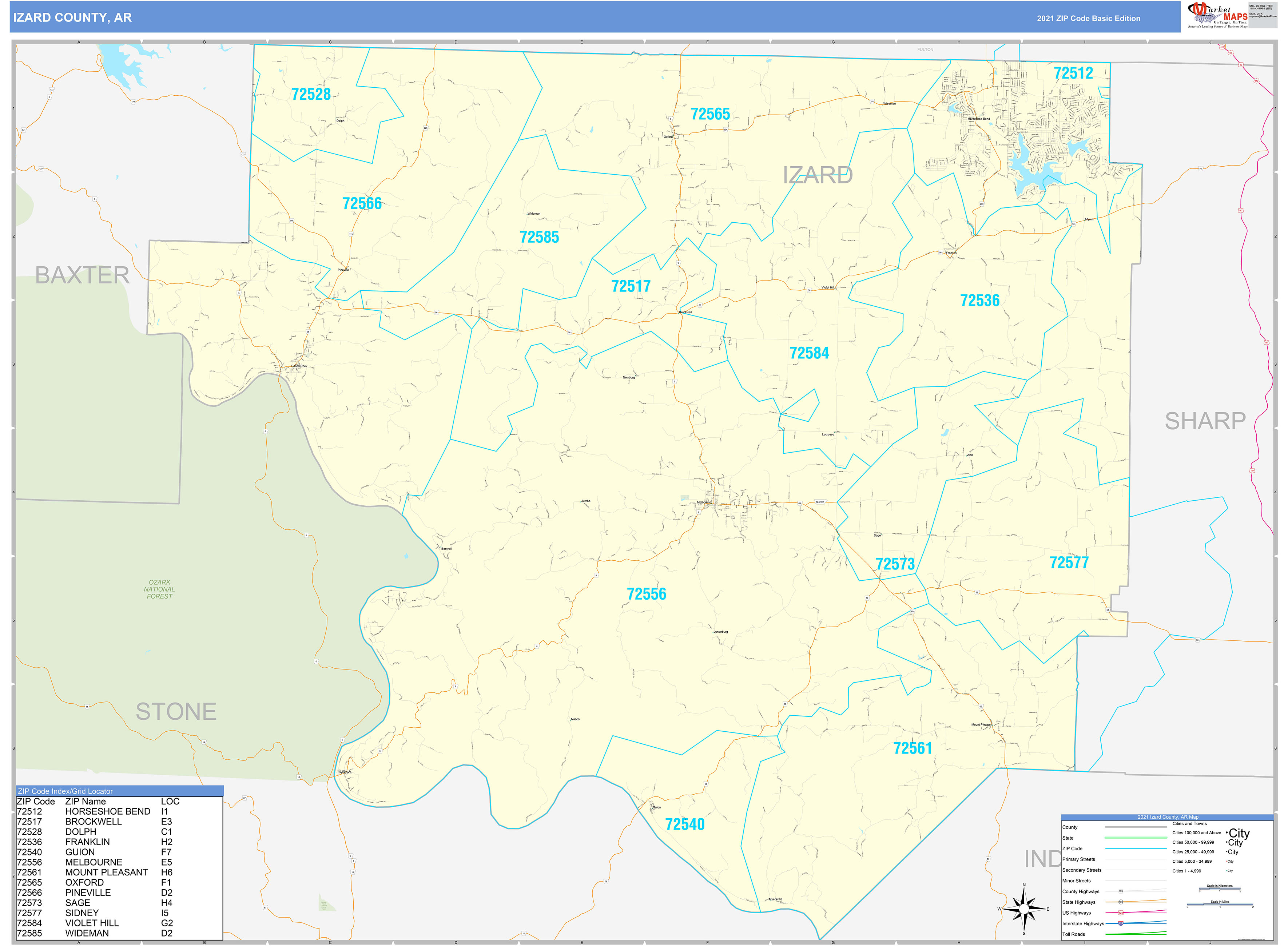 Izard County, AR Zip Code Wall Map Basic Style by MarketMAPS - MapSales