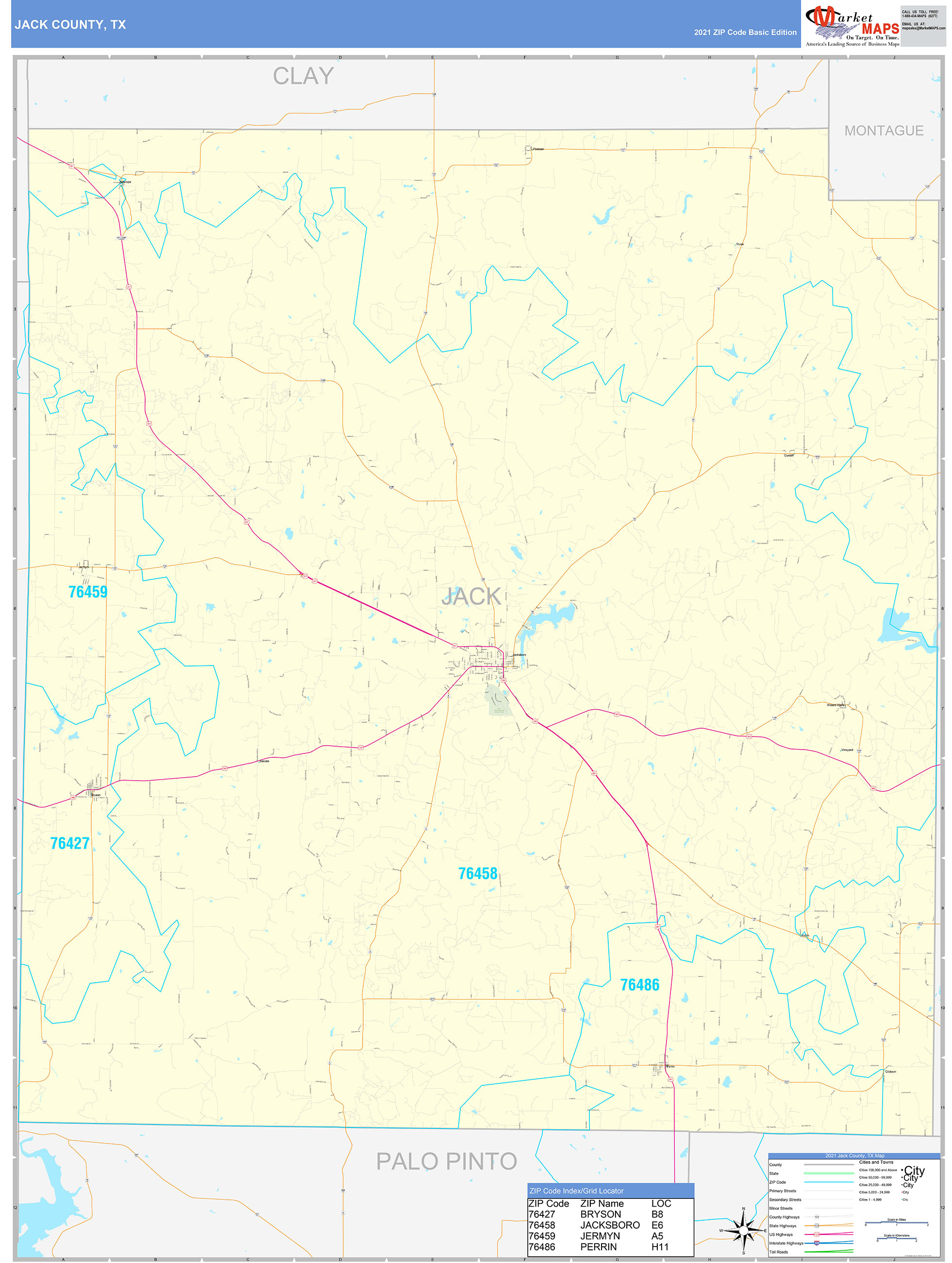 Jack County, TX Zip Code Wall Map Basic Style by MarketMAPS MapSales