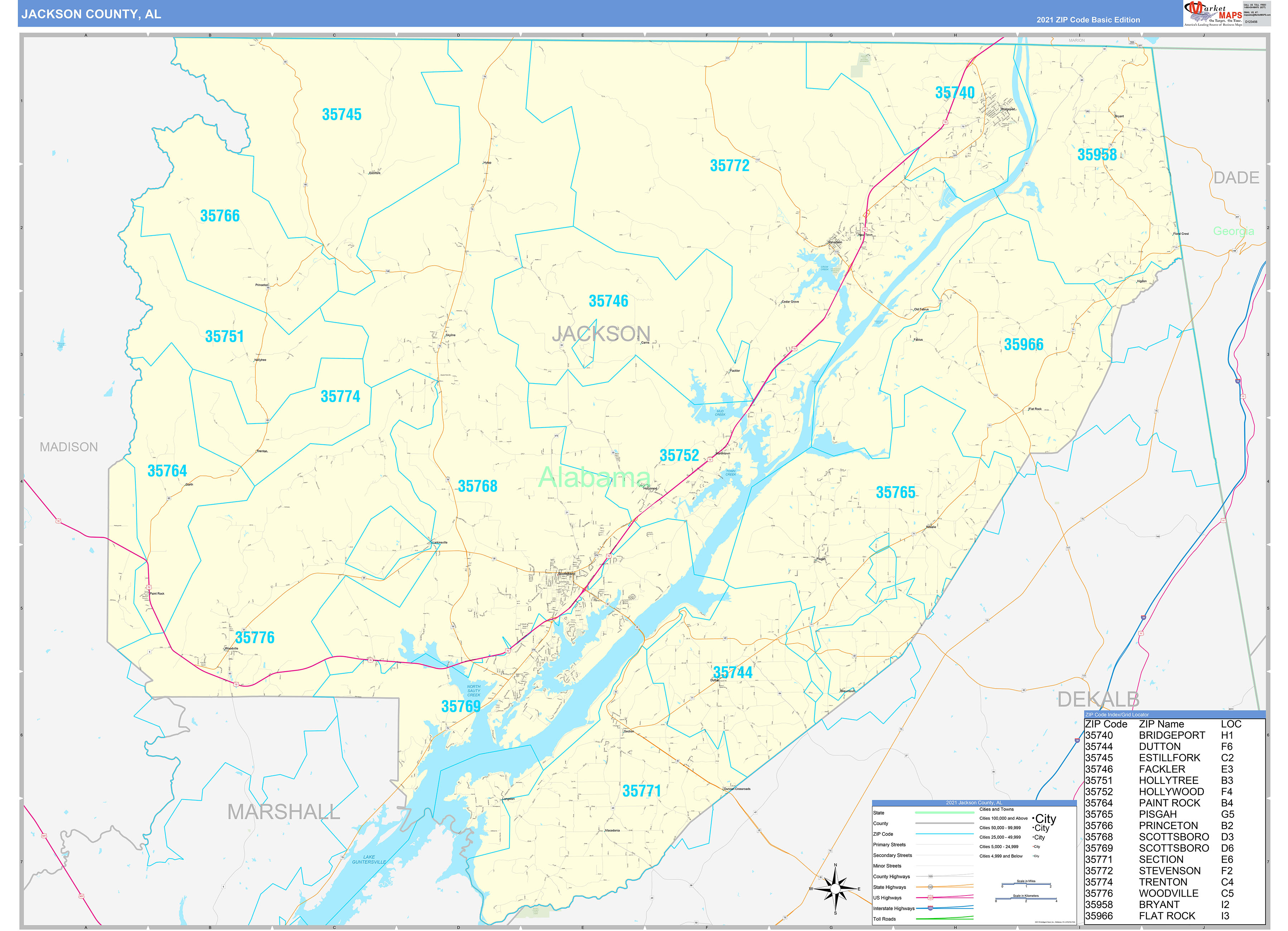 Jackson County, AL Zip Code Wall Map Basic Style by MarketMAPS