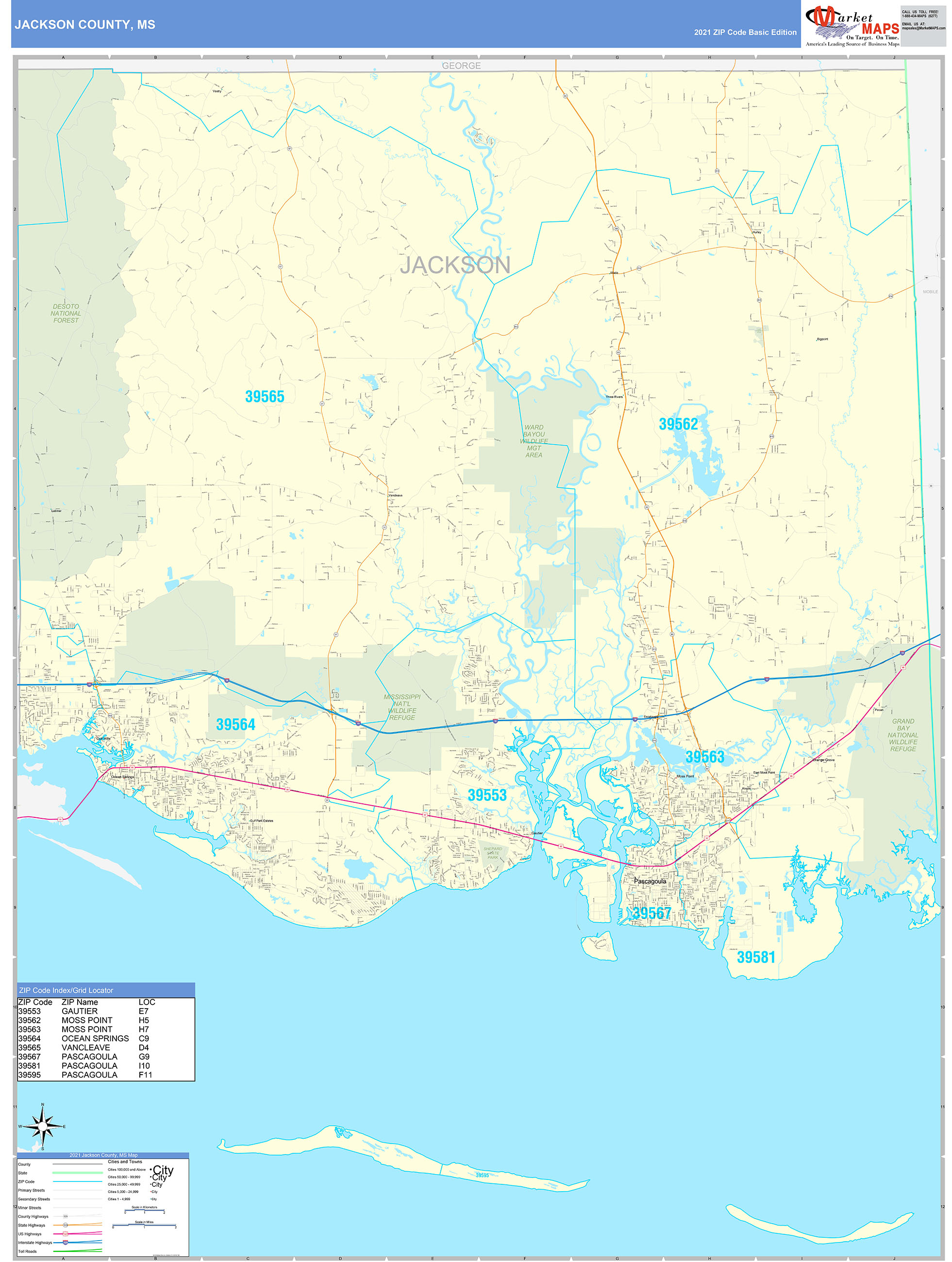 Jackson County, MS Zip Code Wall Map Basic Style by MarketMAPS - MapSales