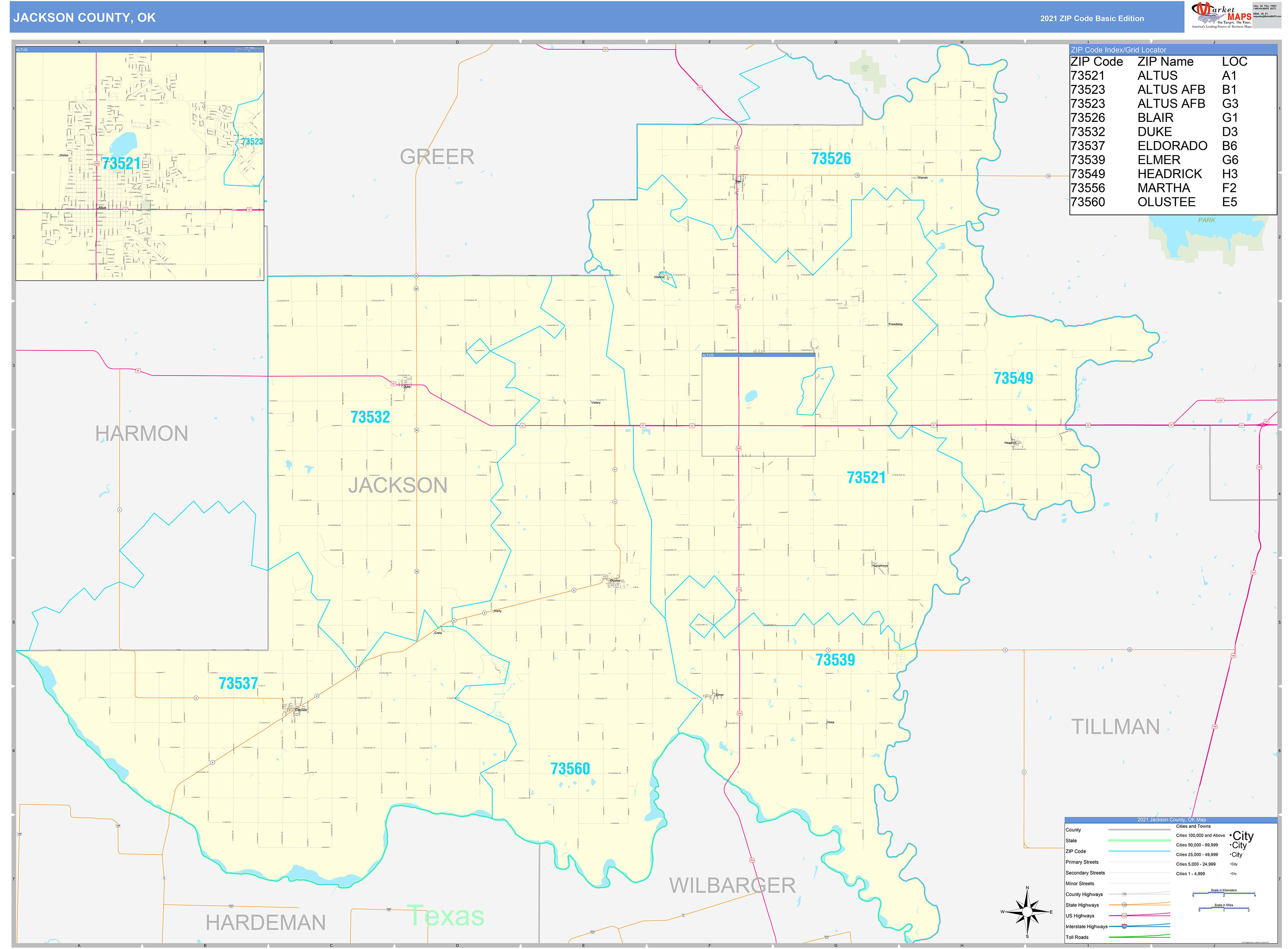 Jackson County, OK Zip Code Wall Map Basic Style by MarketMAPS
