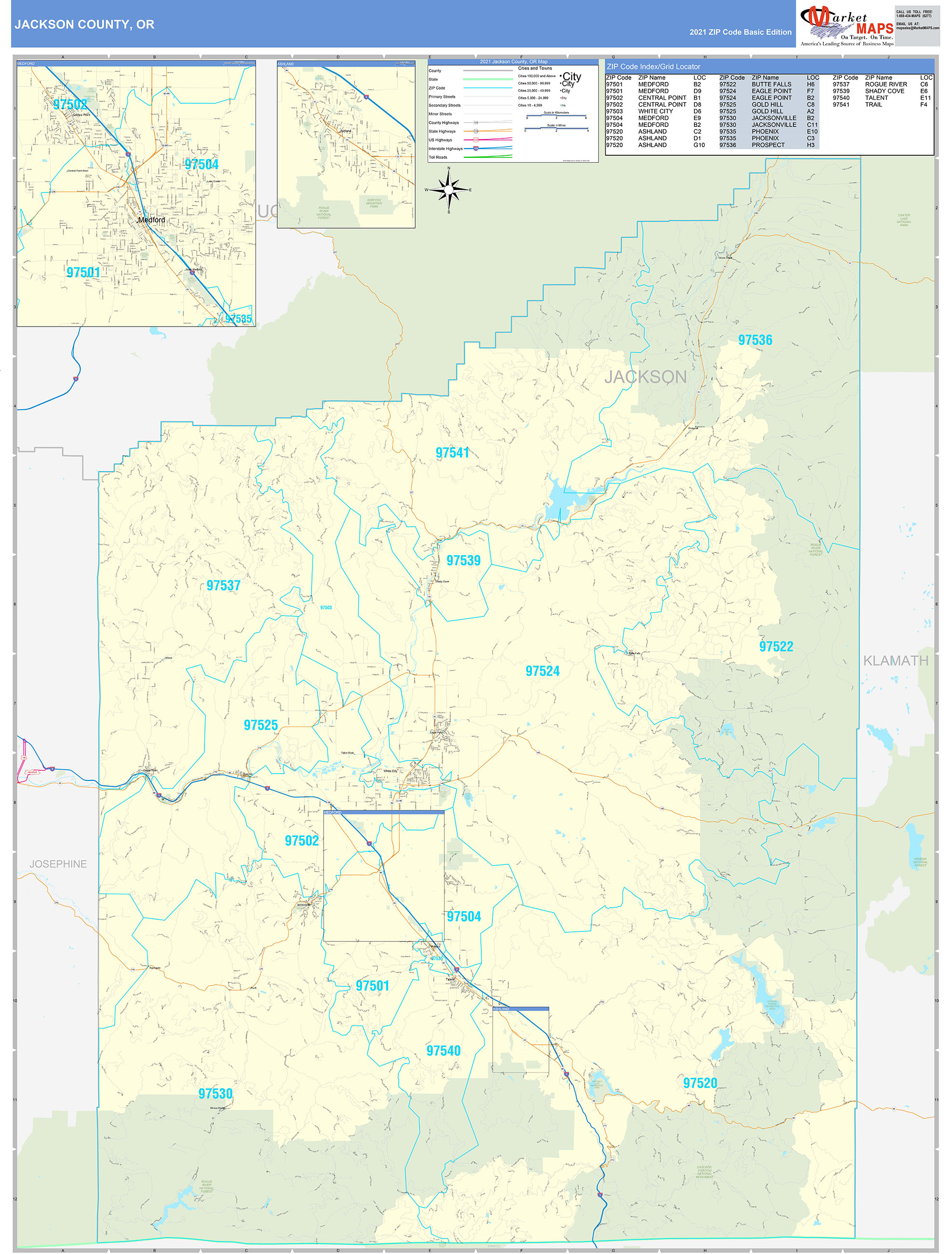 Jackson County, OR Zip Code Wall Map Basic Style by MarketMAPS