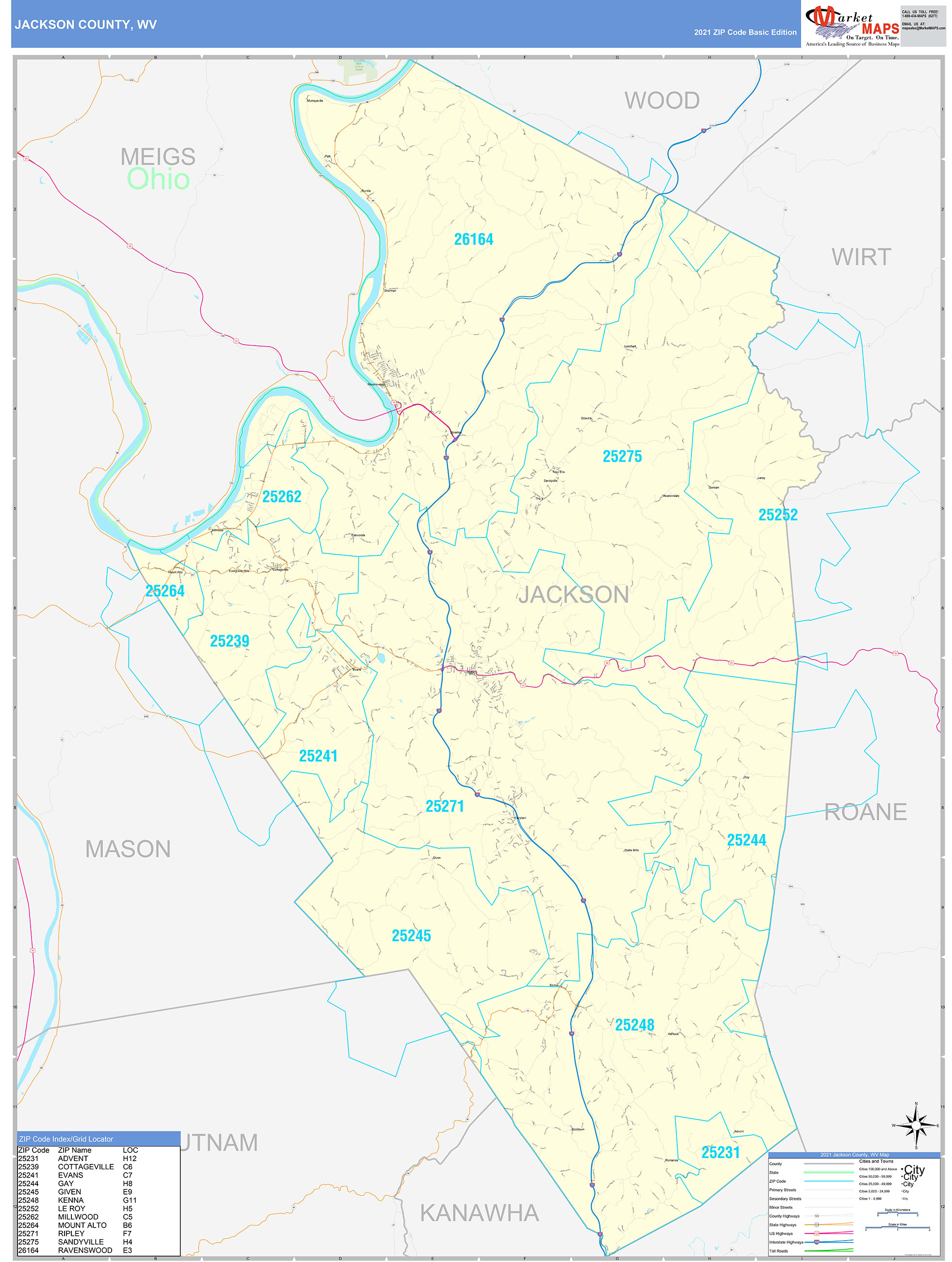 Jackson County, WV Zip Code Wall Map Basic Style by MarketMAPS