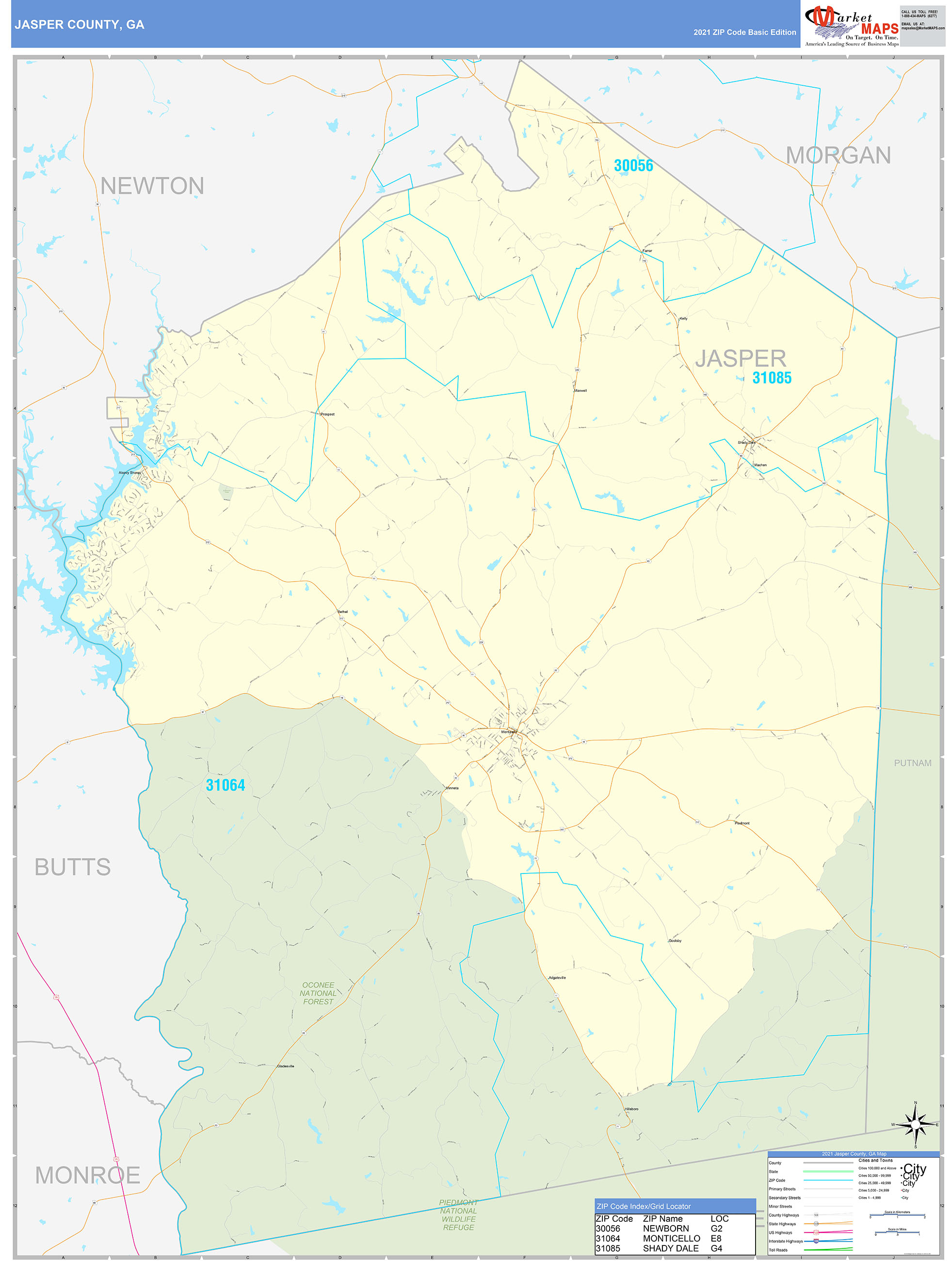 Jasper County, GA Zip Code Wall Map Basic Style by MarketMAPS