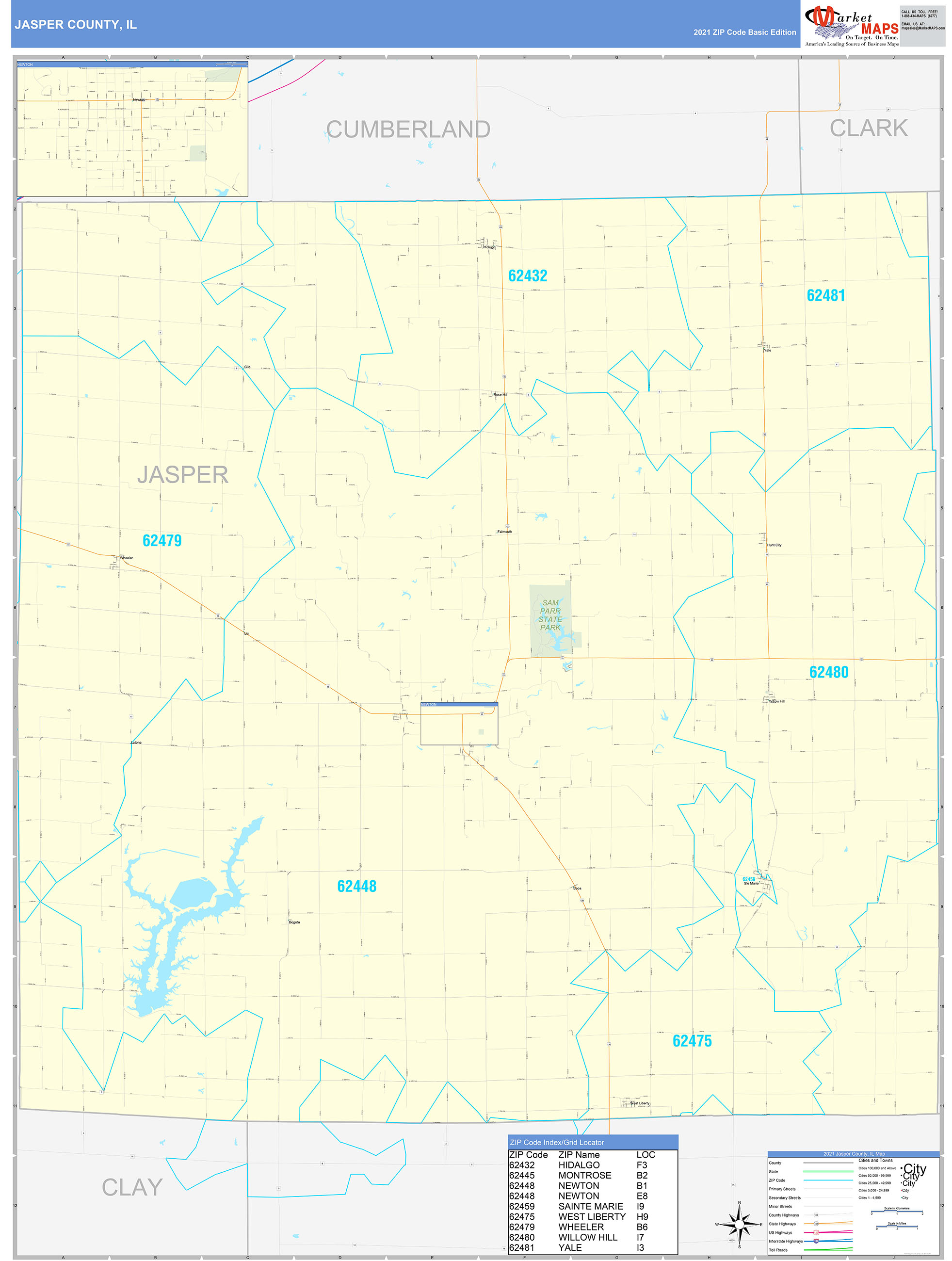 Jasper County, IL Zip Code Wall Map Basic Style by MarketMAPS