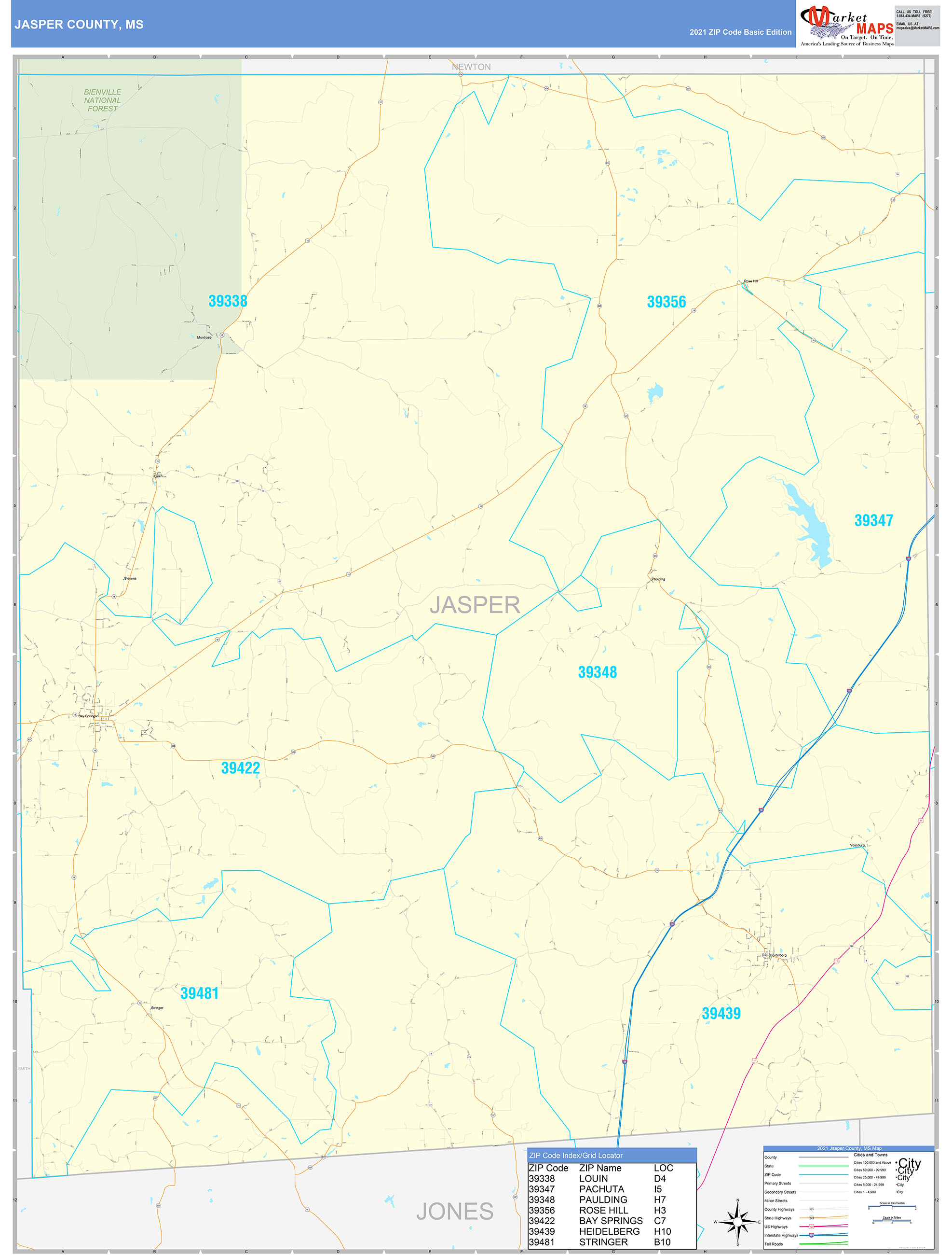 Jasper County, MS Zip Code Wall Map Basic Style by MarketMAPS