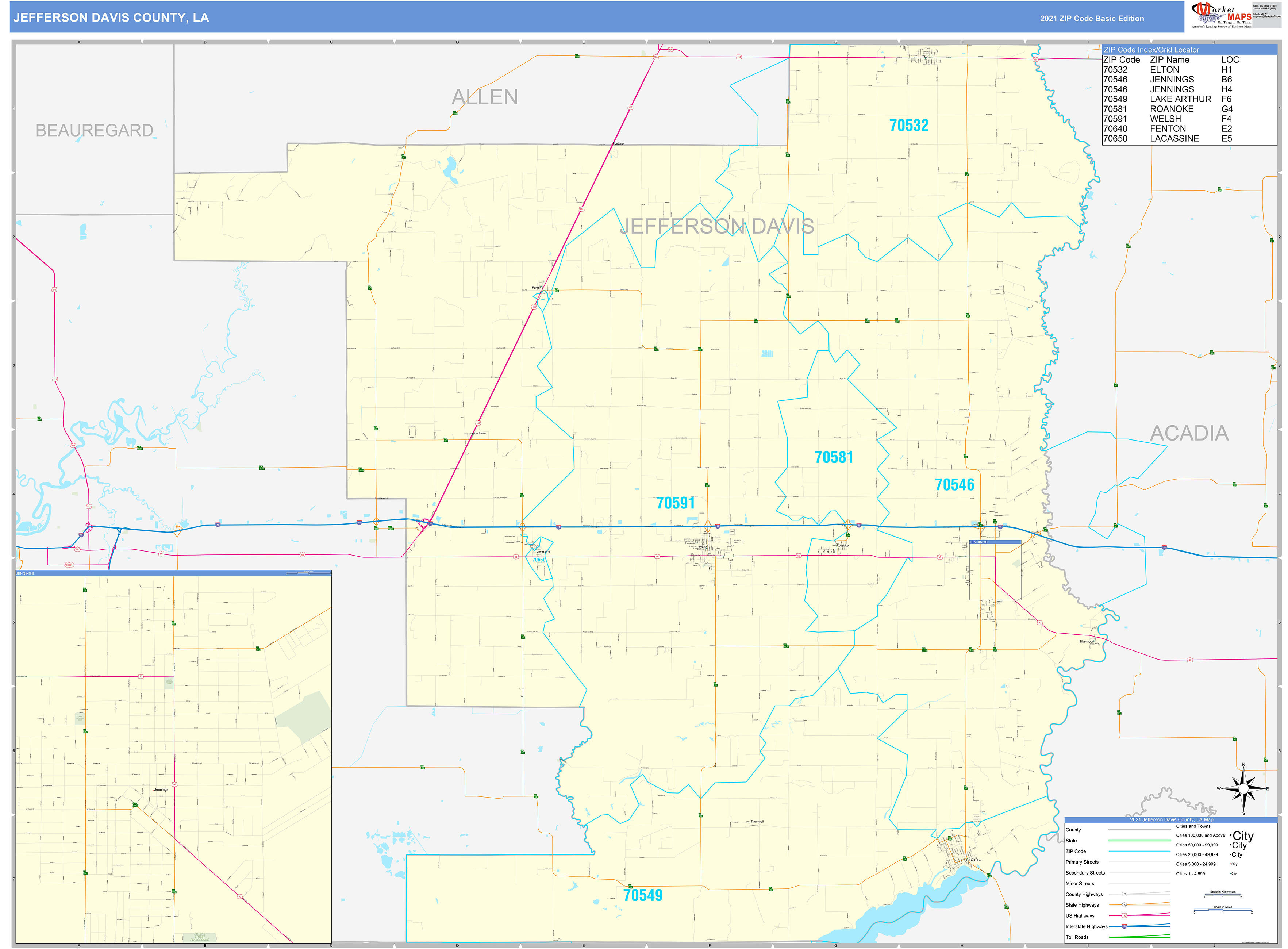 Jefferson Davis County, LA Zip Code Wall Map Basic Style by MarketMAPS MapSales