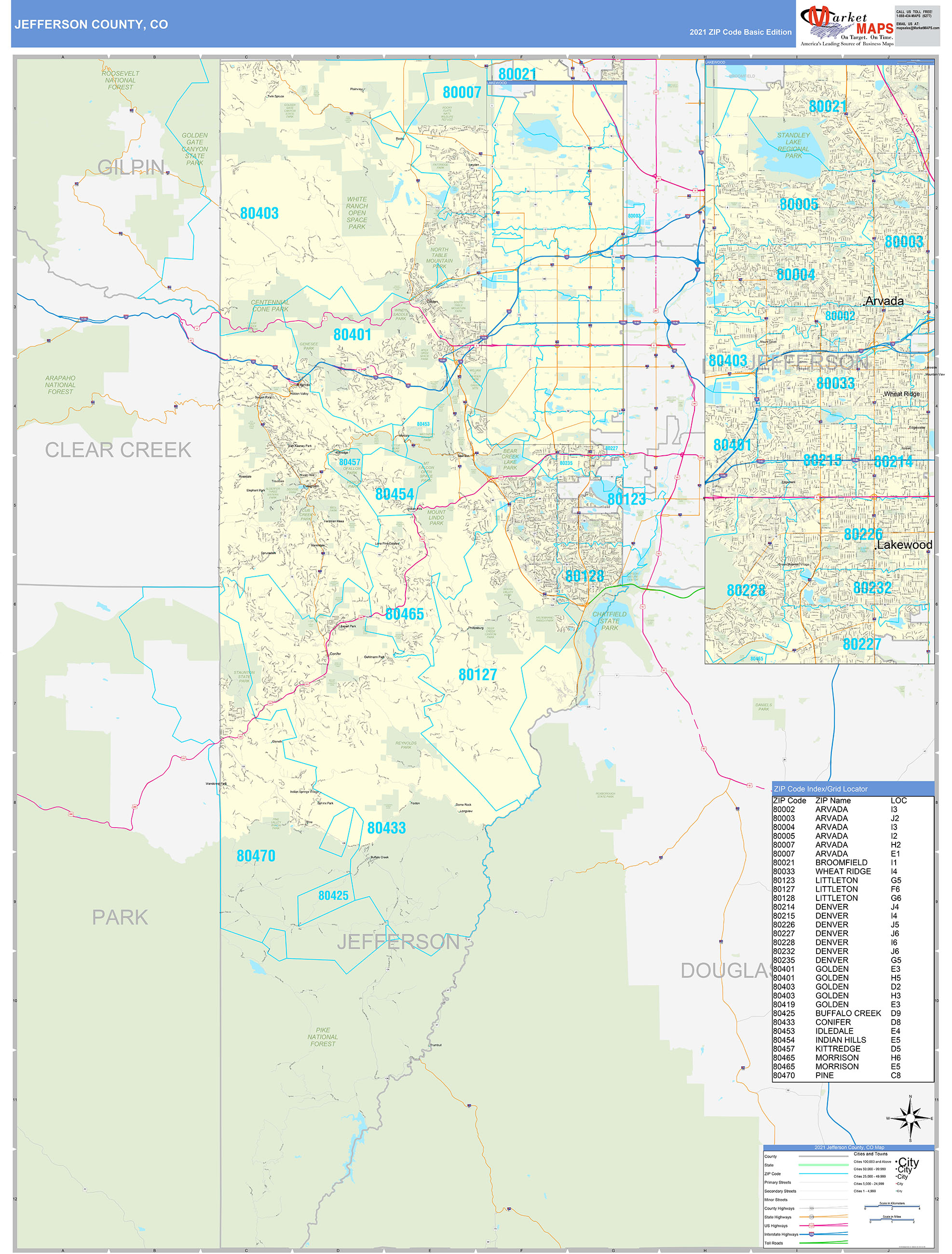 Jefferson County, CO Zip Code Wall Map Basic Style by MarketMAPS MapSales