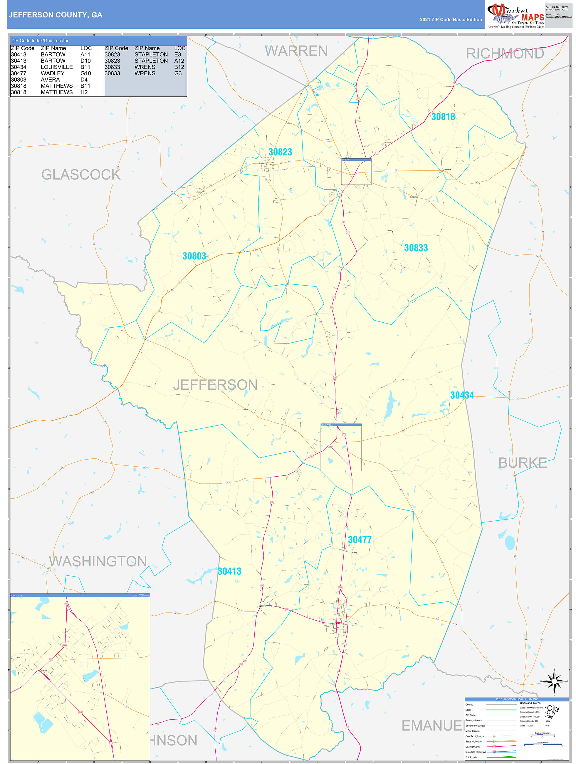 Jefferson County Ga Zip Code Wall Map Basic Style By Marketmaps