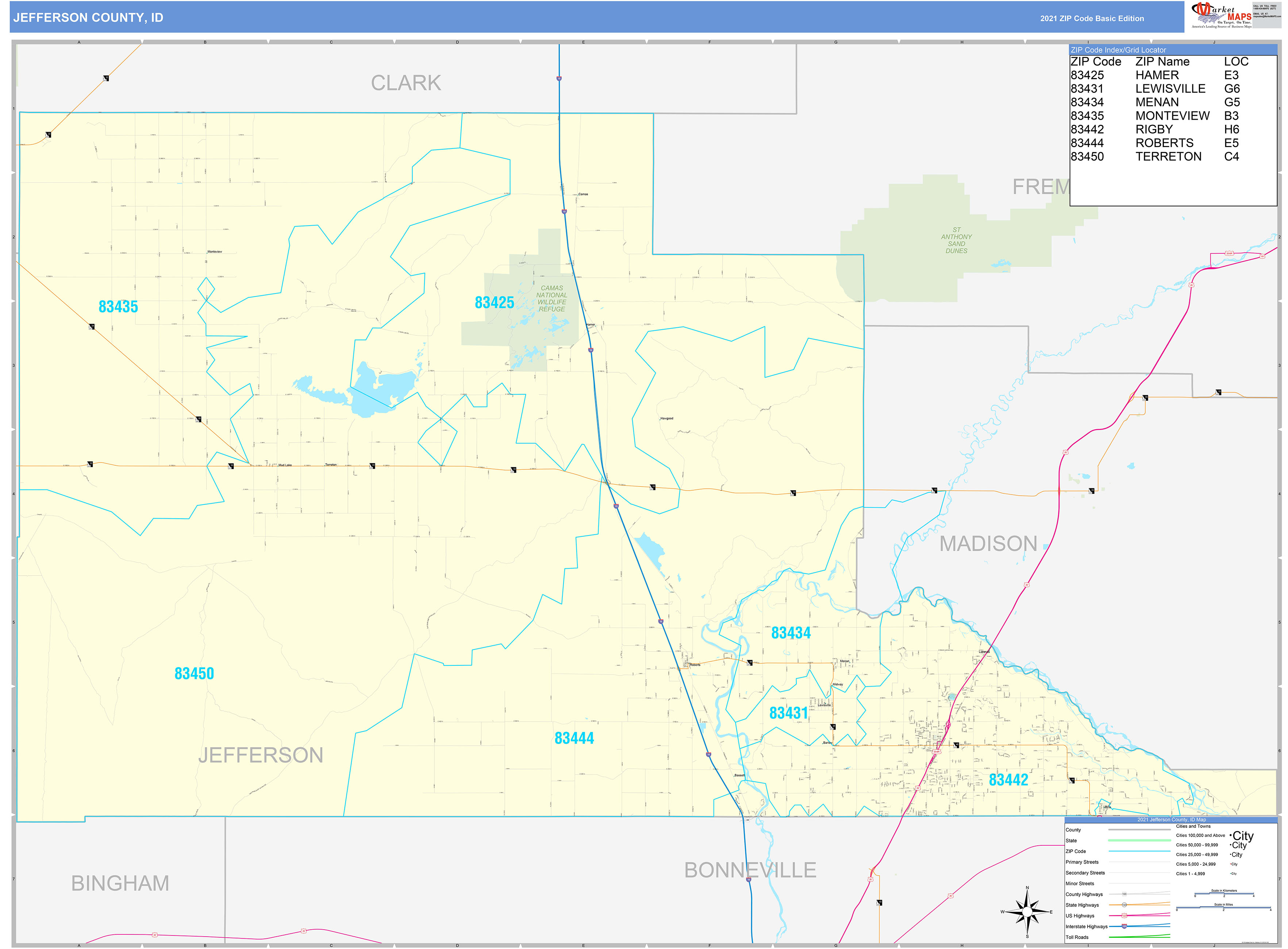 Jefferson County, ID Zip Code Wall Map Basic Style by MarketMAPS MapSales