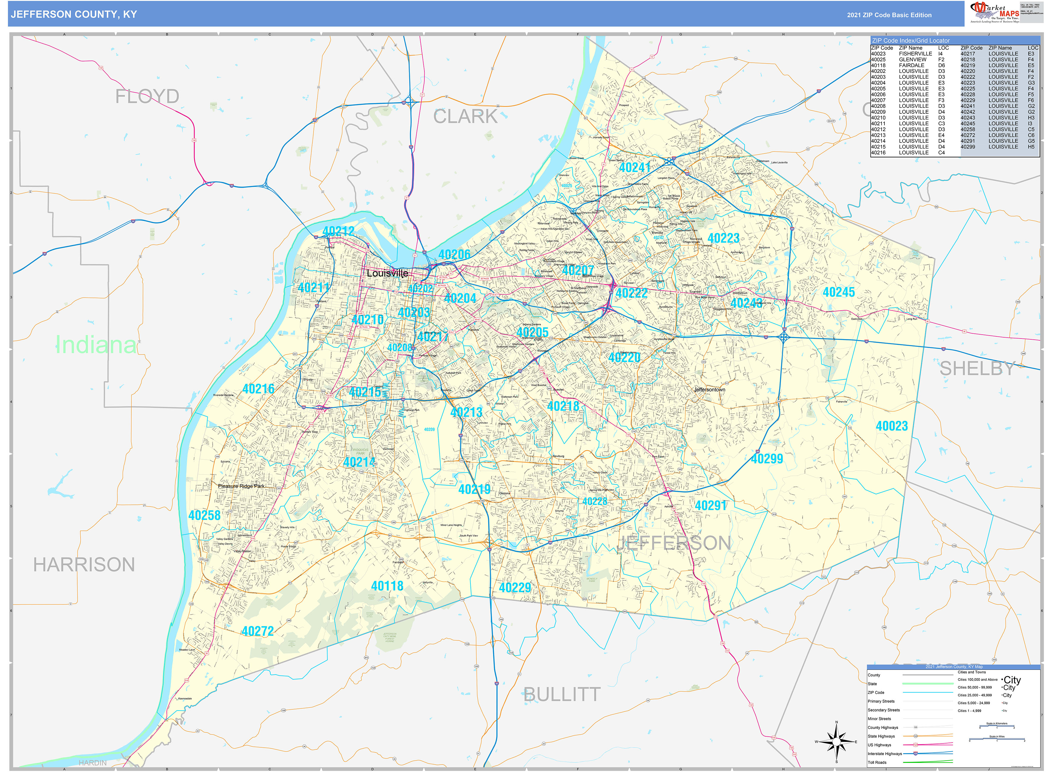 Jefferson County, KY Zip Code Wall Map Basic Style by MarketMAPS MapSales