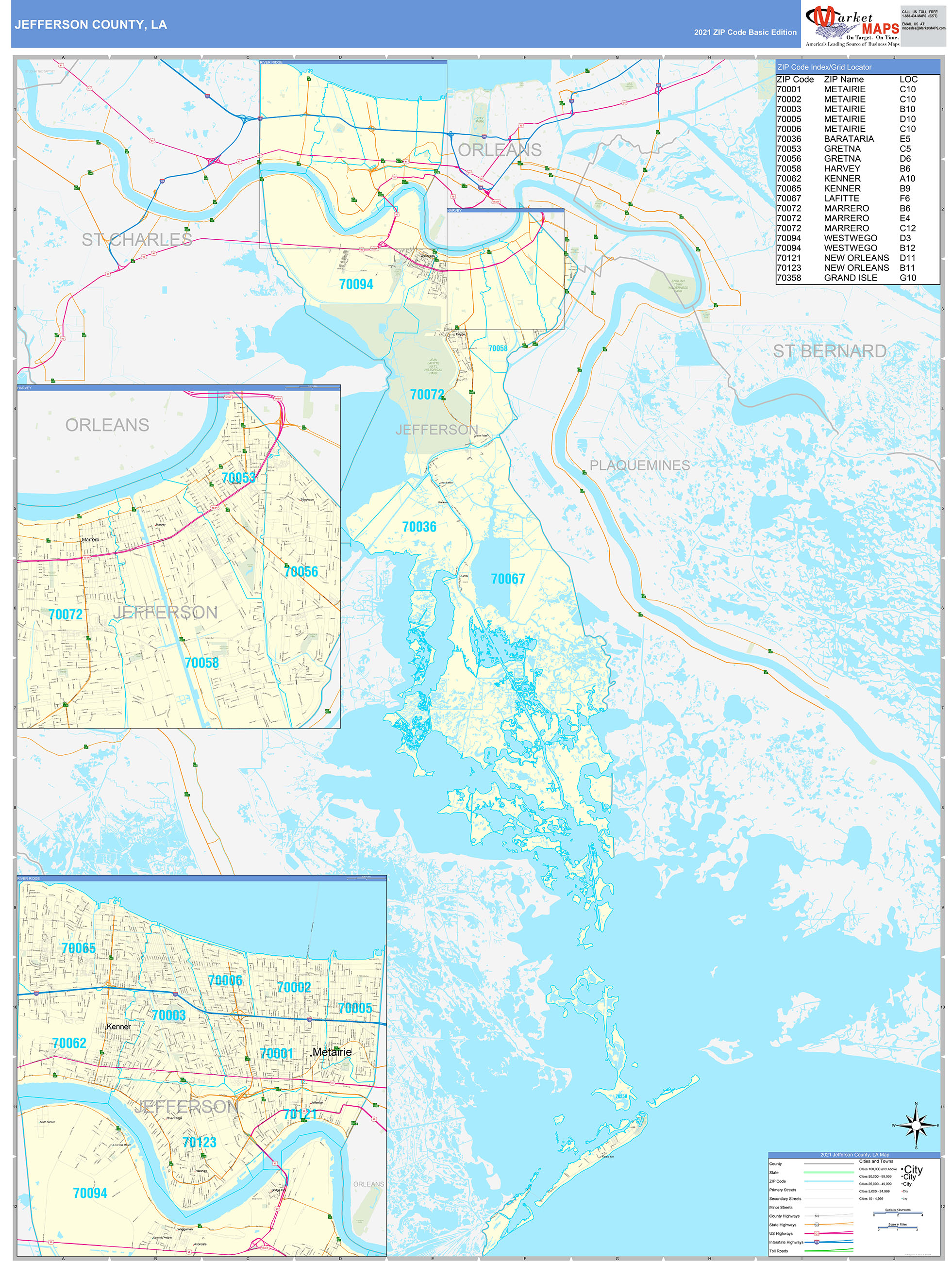 Jefferson County, LA Zip Code Wall Map Basic Style by MarketMAPS MapSales
