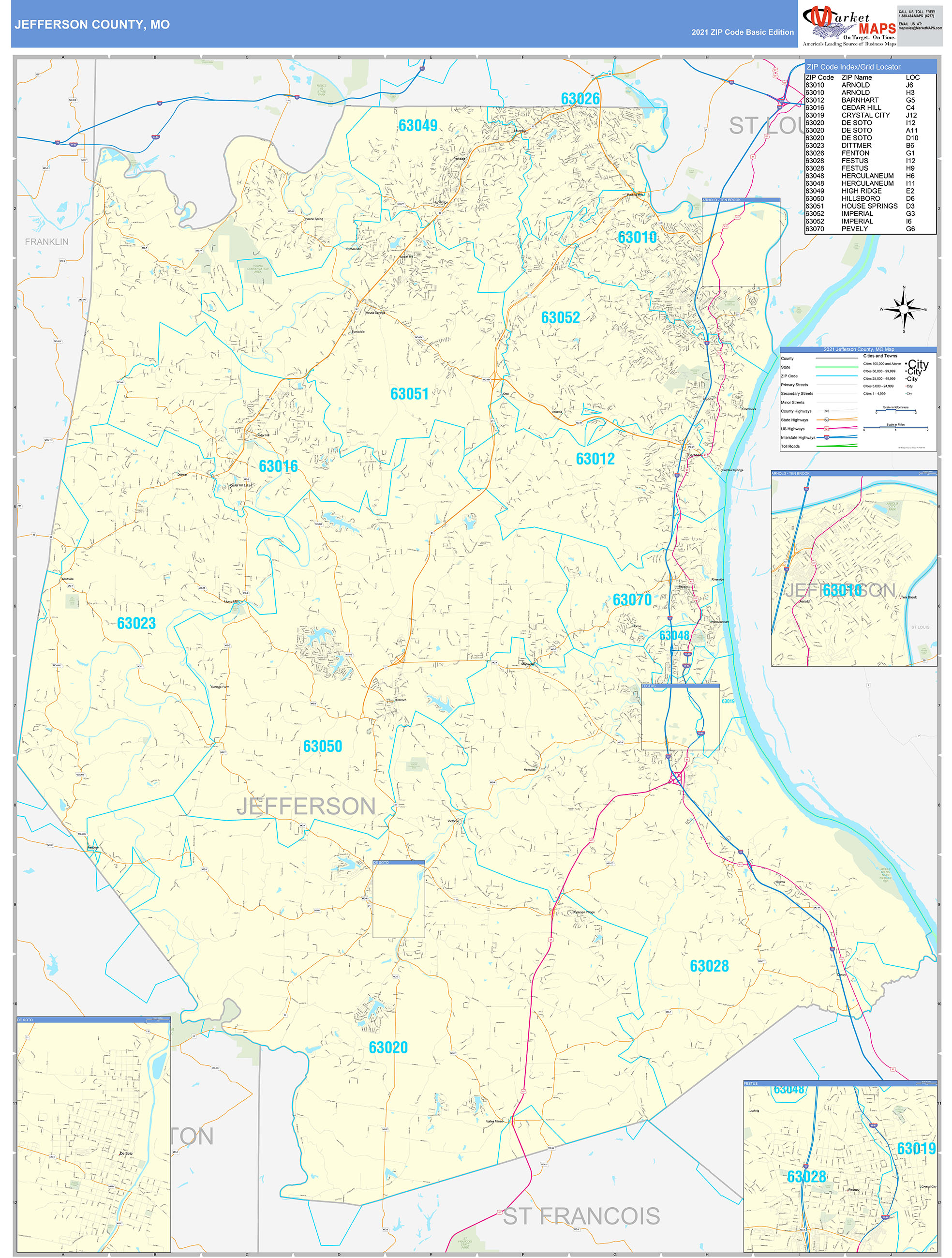 Jefferson County, MO Zip Code Wall Map Basic Style by MarketMAPS MapSales