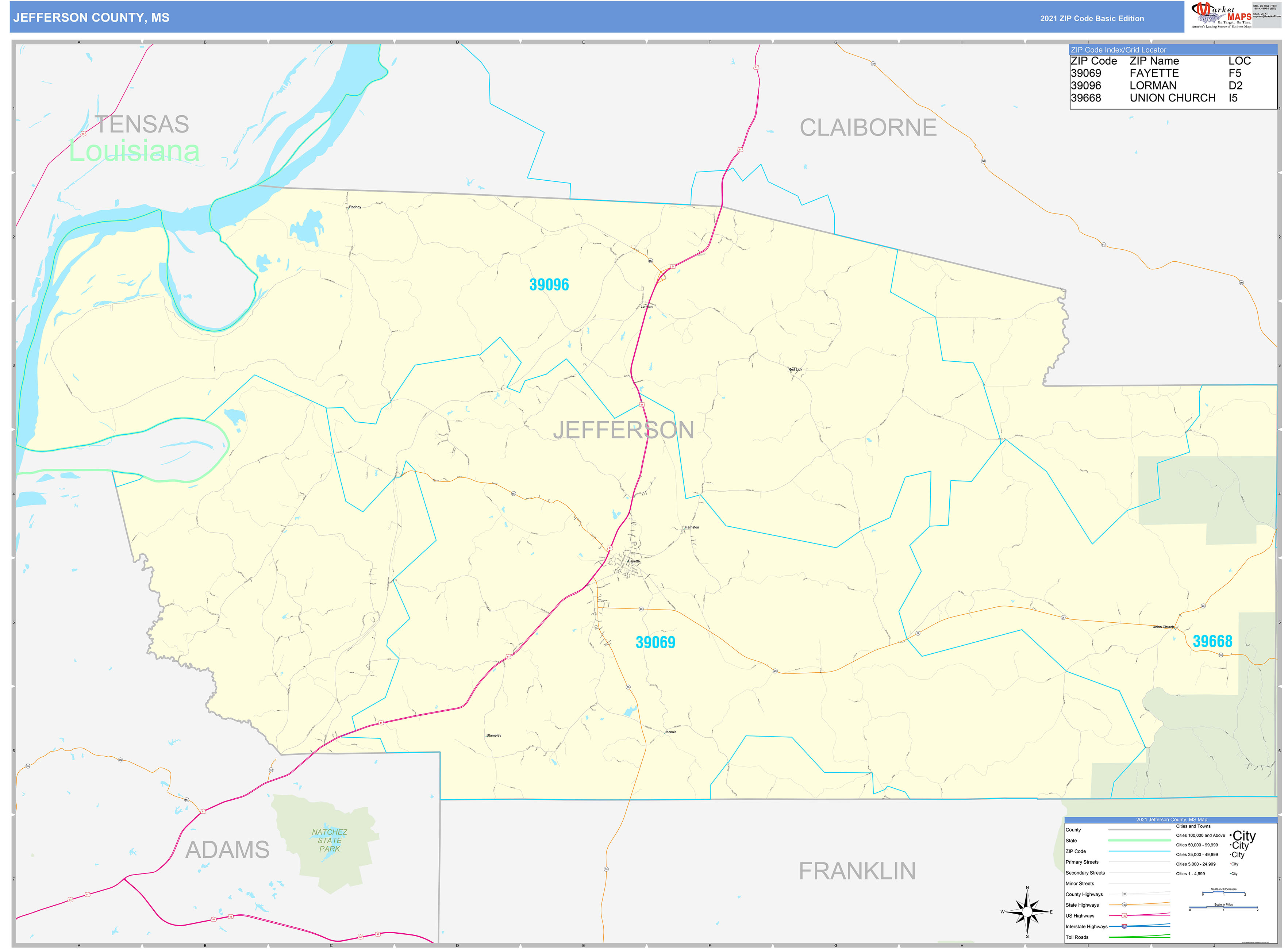 Jefferson County, MS Zip Code Wall Map Basic Style by MarketMAPS MapSales