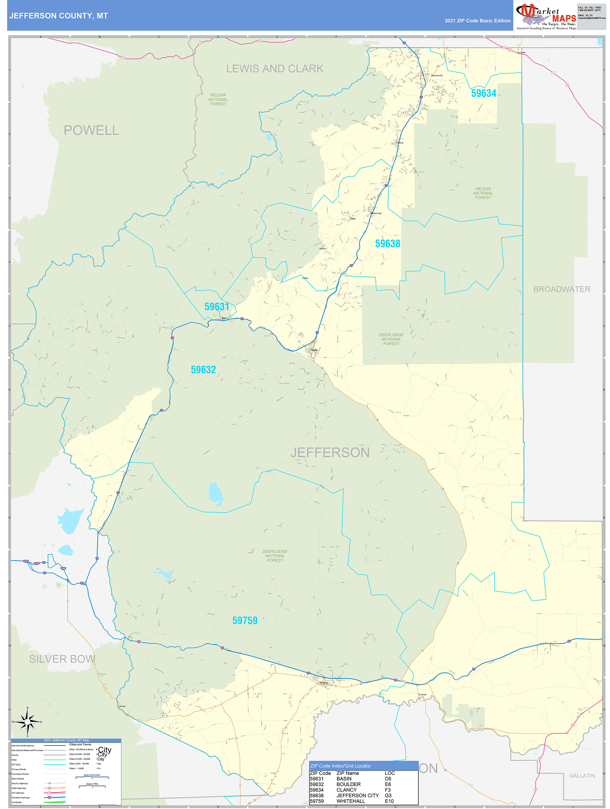 Jefferson County, MT Zip Code Wall Map Basic Style by MarketMAPS