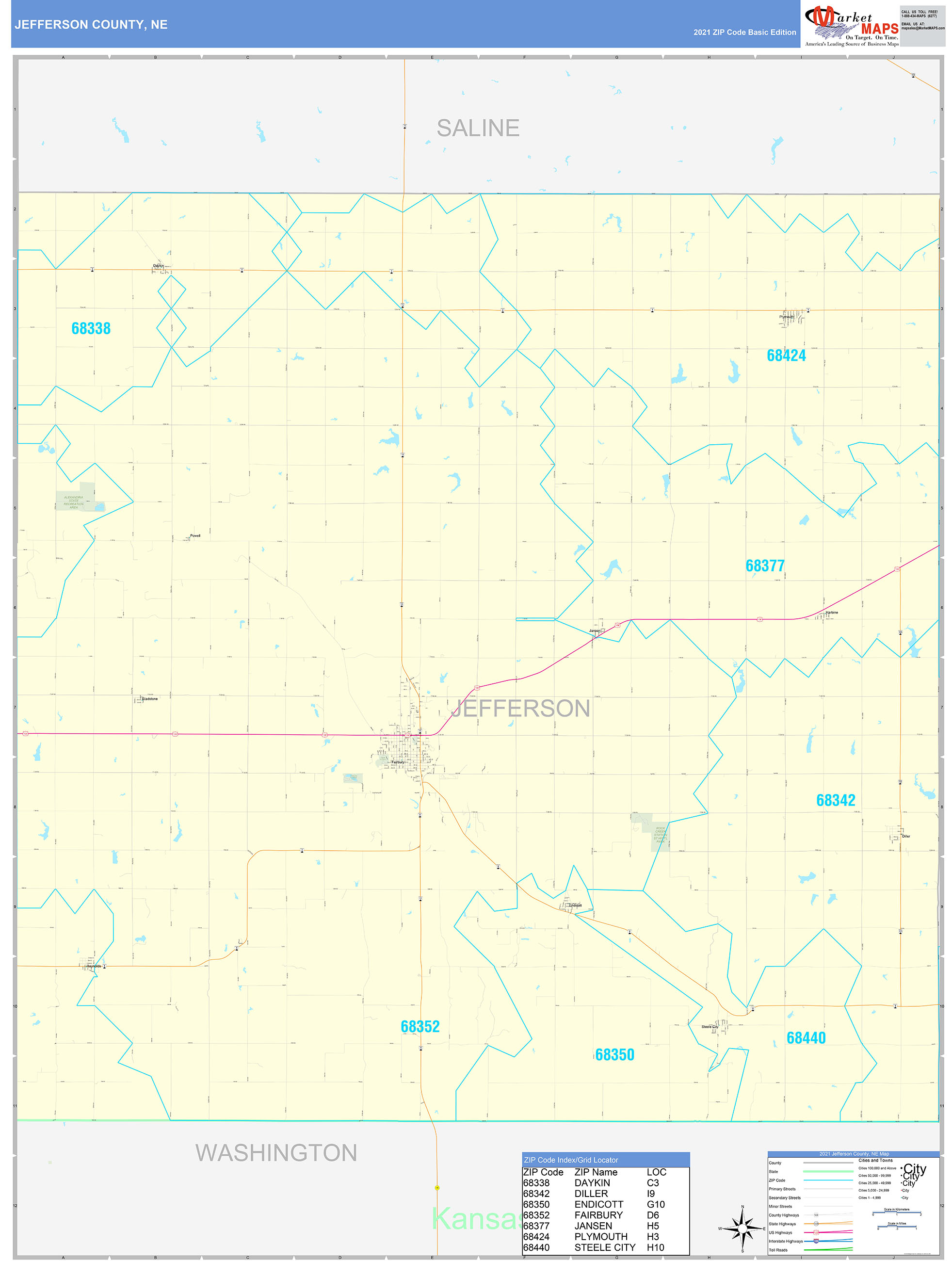 Jefferson County, NE Zip Code Wall Map Basic Style by MarketMAPS MapSales