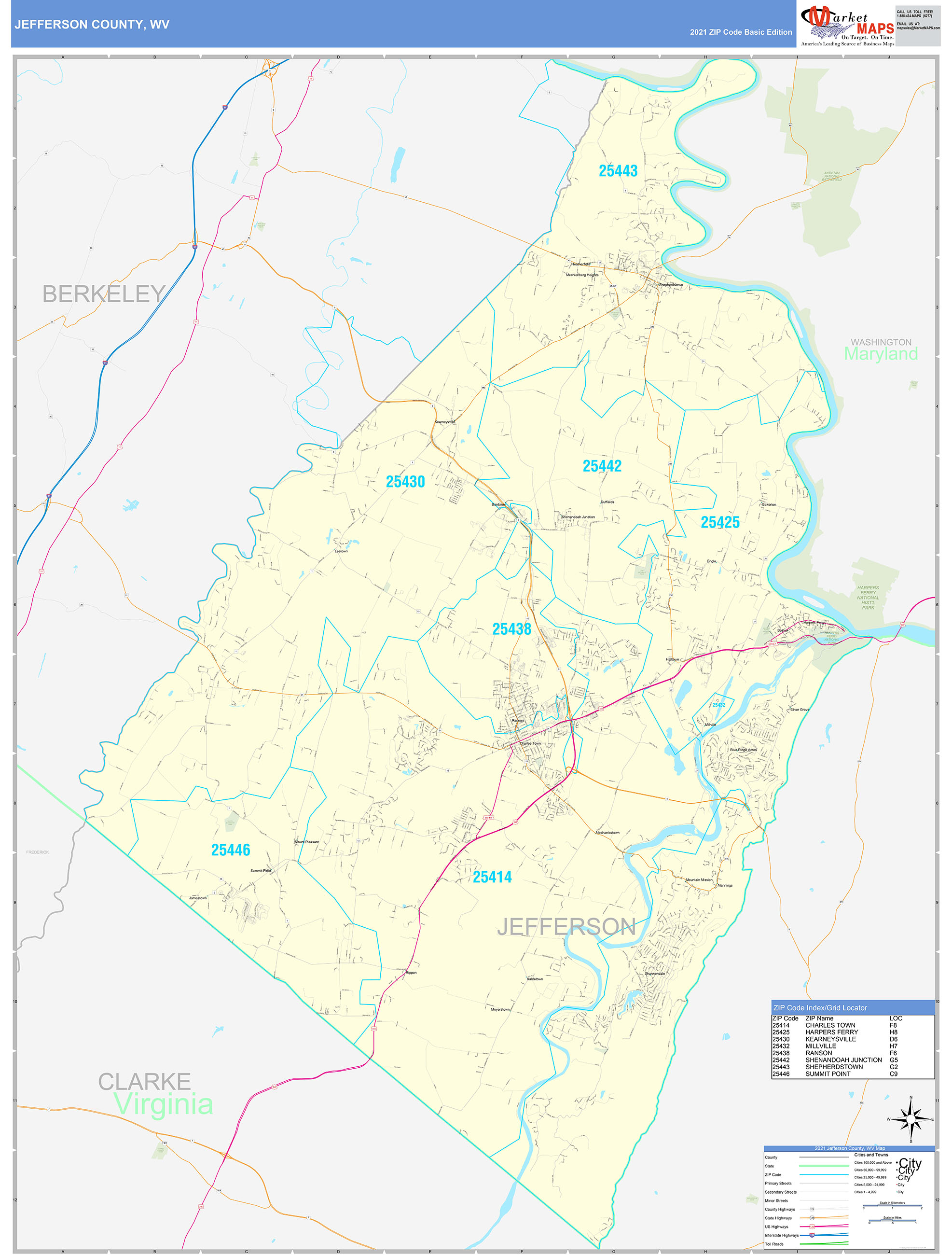 Jefferson County, WV Zip Code Wall Map Basic Style by MarketMAPS MapSales