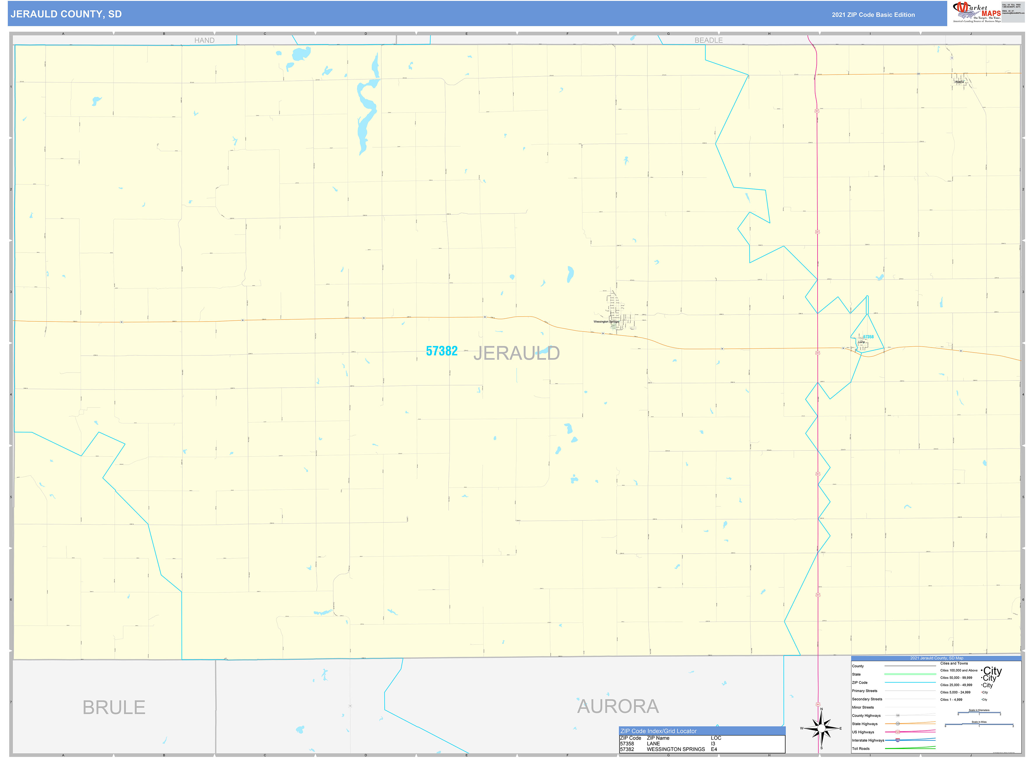 Jerauld County, SD Zip Code Wall Map Basic Style by MarketMAPS