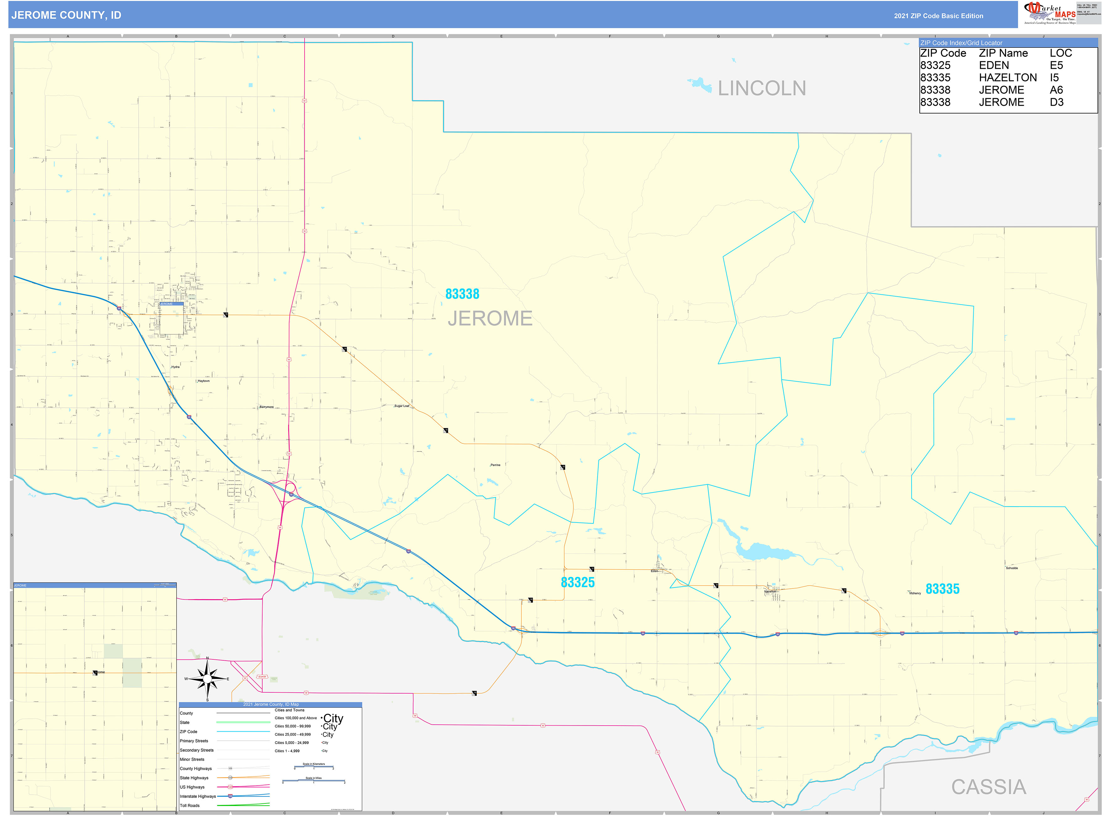 Jerome County, ID Zip Code Wall Map Basic Style by MarketMAPS MapSales
