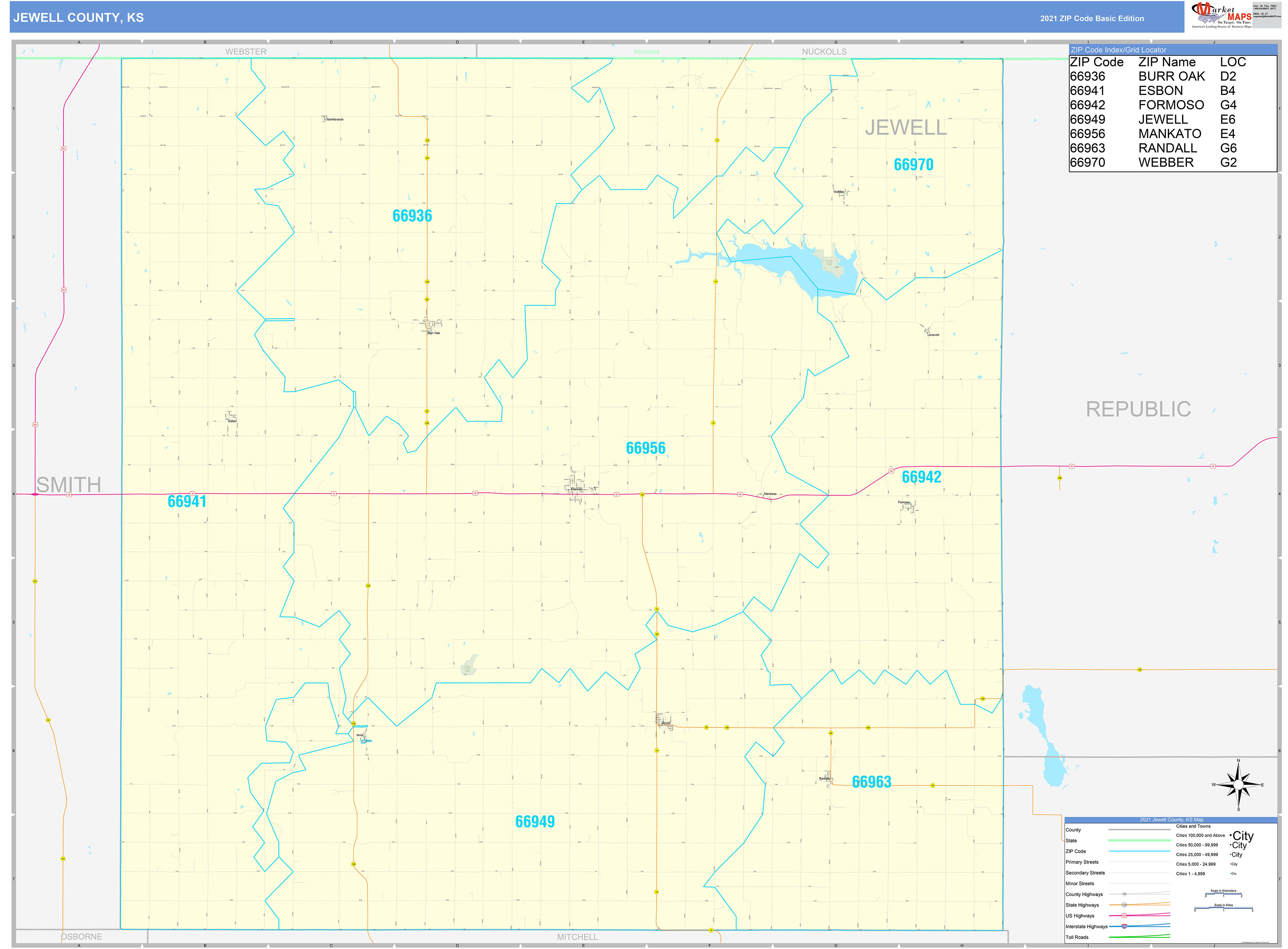 Jewell County, KS Zip Code Wall Map Basic Style by MarketMAPS