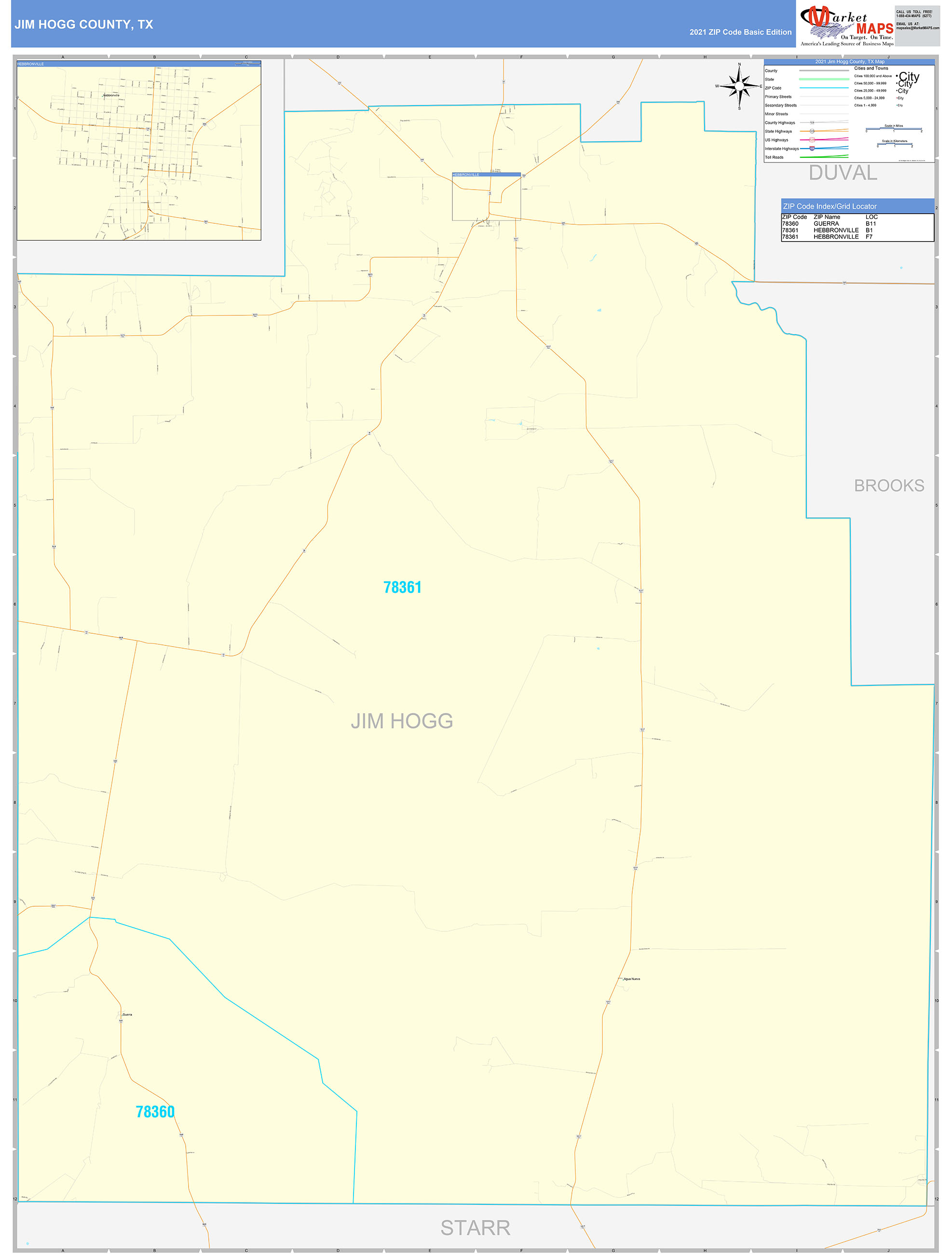 Jim Hogg County, TX Zip Code Wall Map Basic Style by MarketMAPS