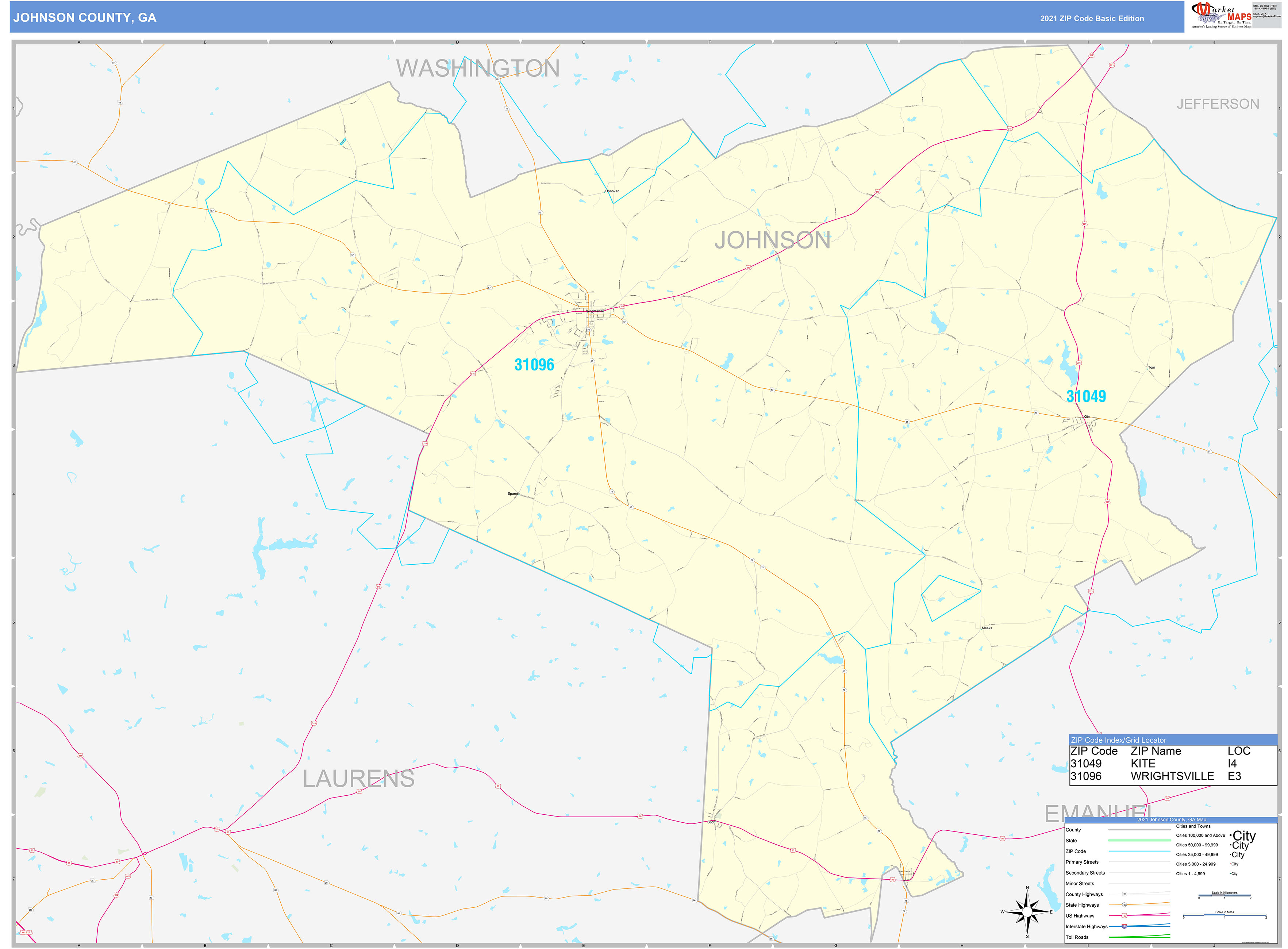Johnson County, GA Zip Code Wall Map Basic Style by MarketMAPS - MapSales Johnson County, GA Zip Code Wall Map Basic Style by MarketMAPS - MapSales